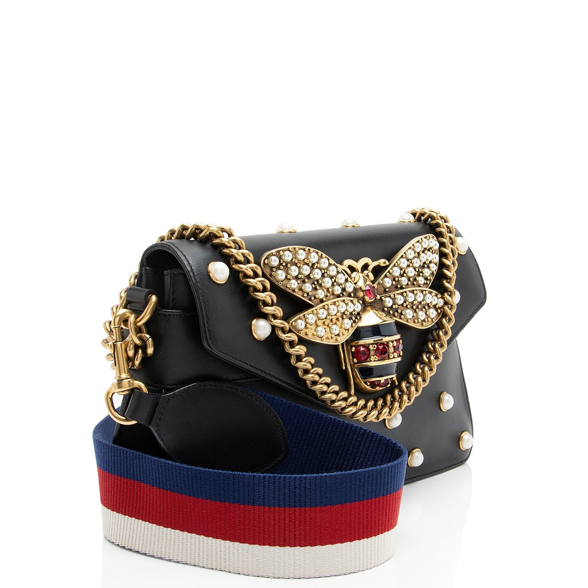 Gucci Pearl Bee Broadway Nylon Calfskin Black Mini Crossbody Bag
