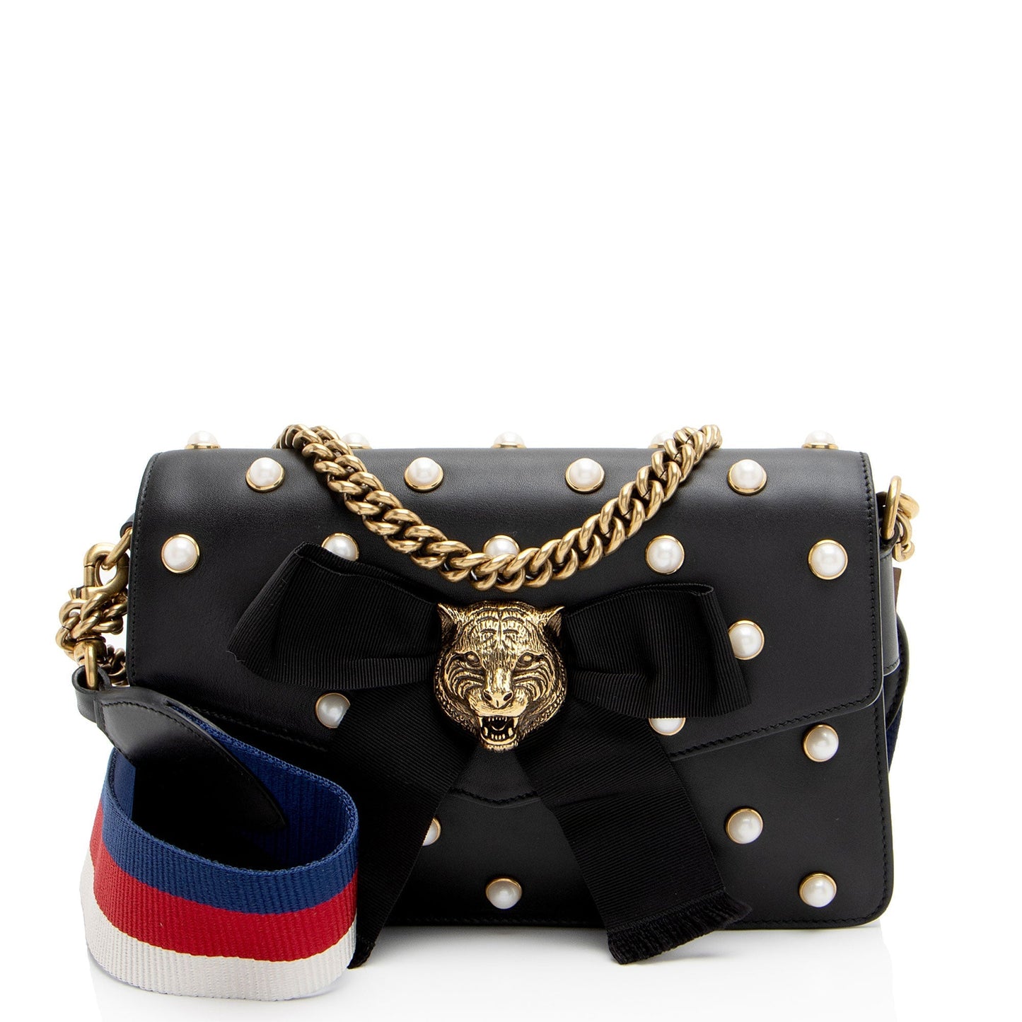 Gucci Pearl Tiger Broadway Nylon Calfskin Black White Crossbody Bag