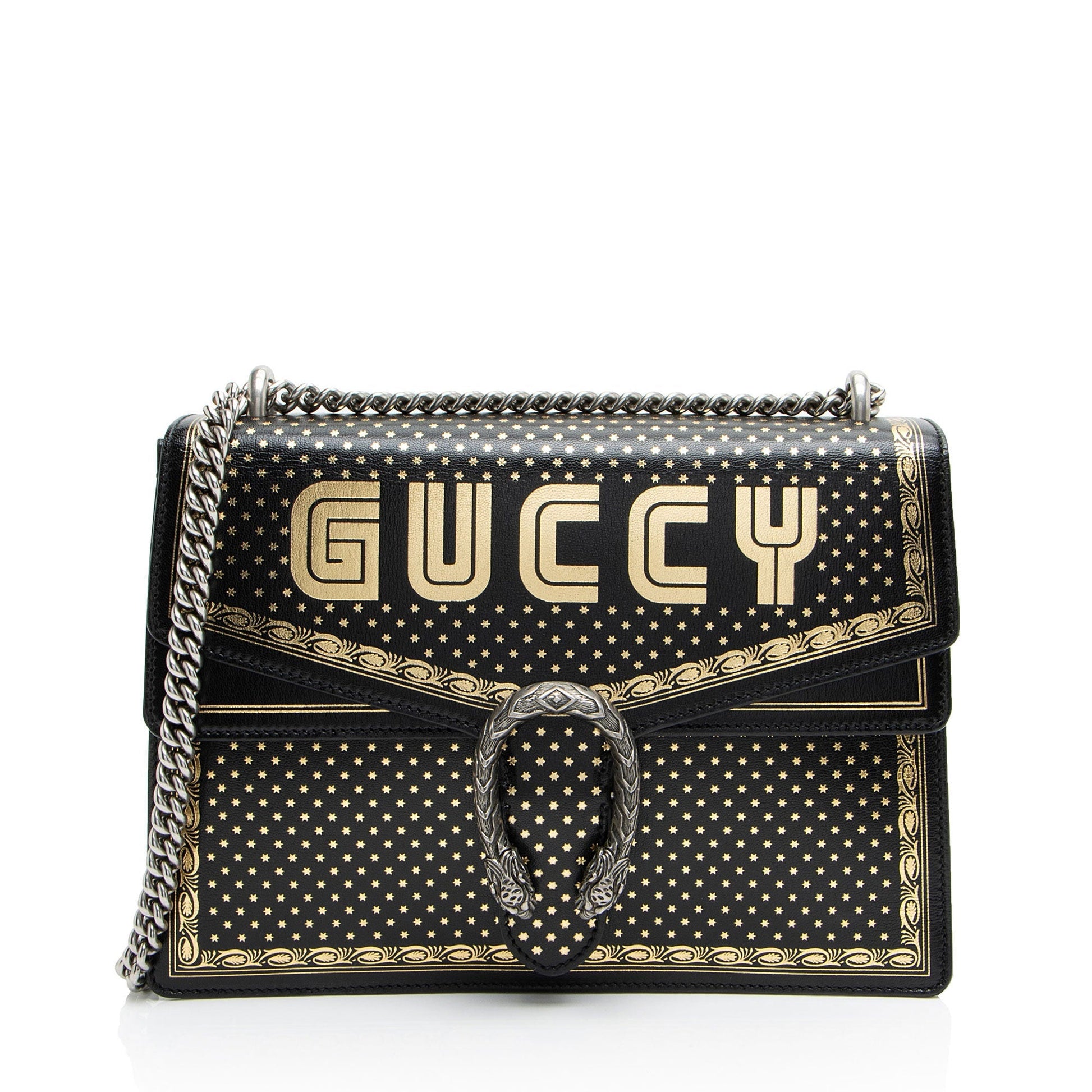 Gucci Star Print Guccy Dionysus Calfskin Black Gold Medium Shoulder Bag
