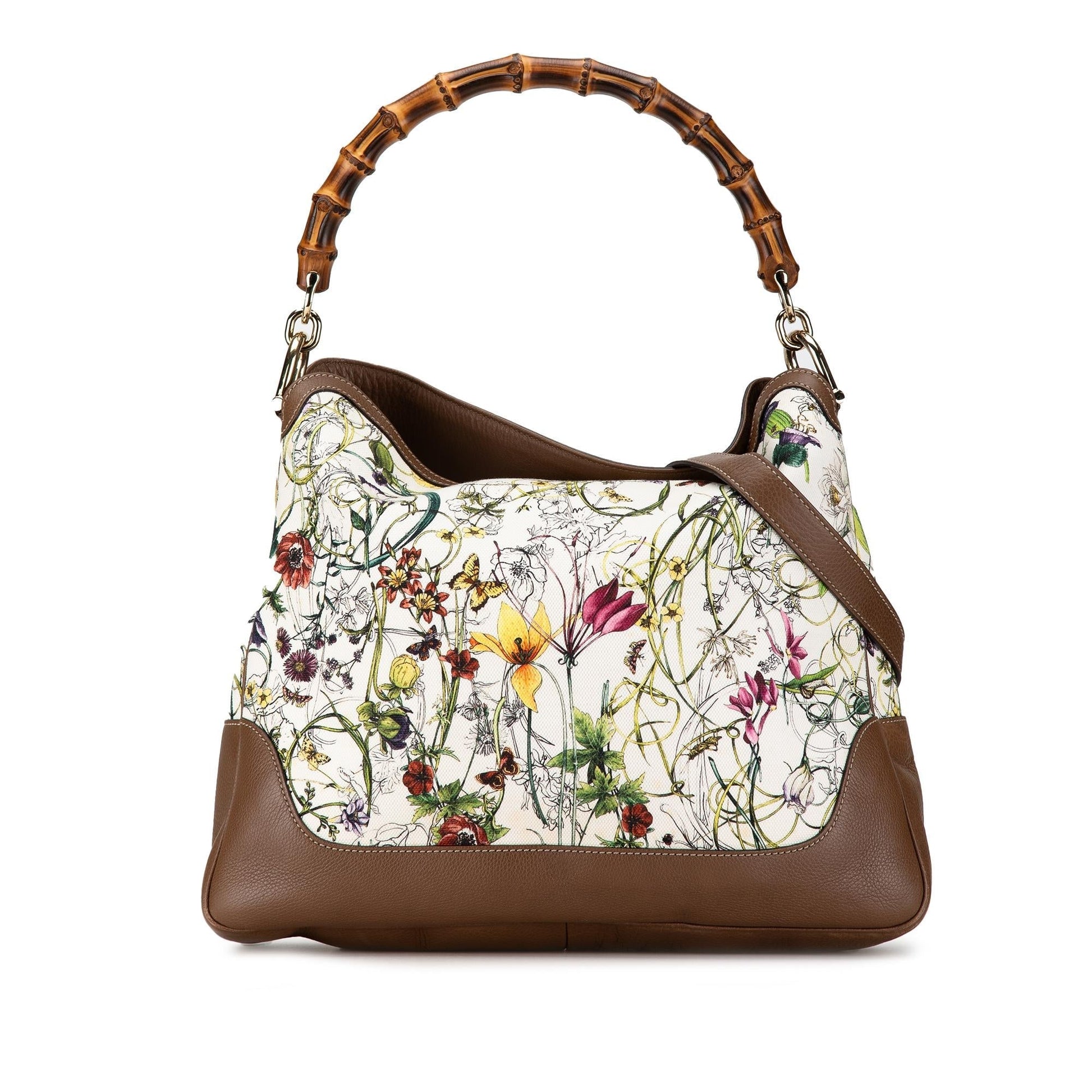 Gucci Bamboo Flora Diana SHG-8uP6Jf Canvas Calf White Satchel Bag