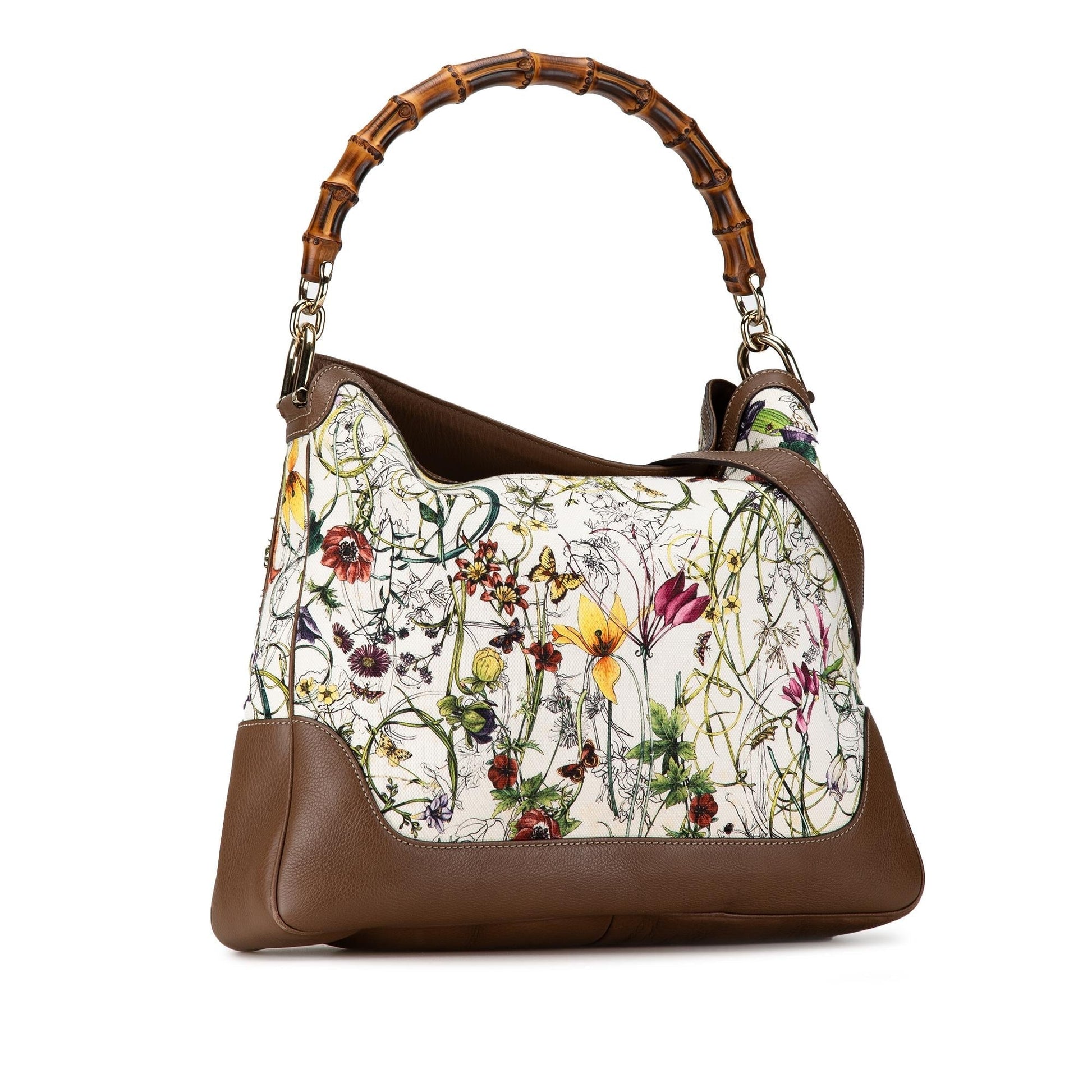 Gucci Bamboo Flora Diana SHG-8uP6Jf Canvas Calf White Satchel Bag