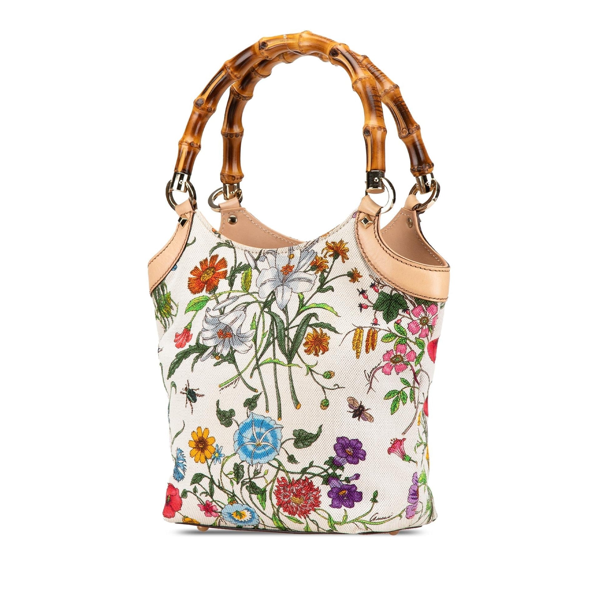 Gucci Bamboo Flora Canvas White Satchel Bag