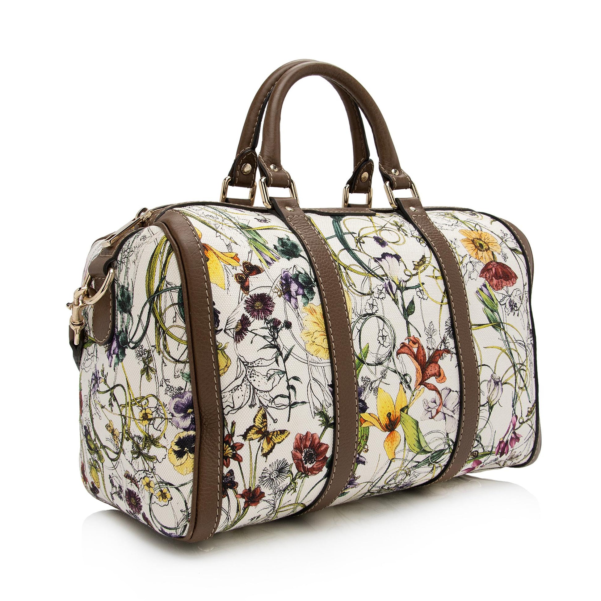 Gucci Flora Joy Convertible Boston SHF-FIW9Ce Leather Canvas White Brown Satchel Bag