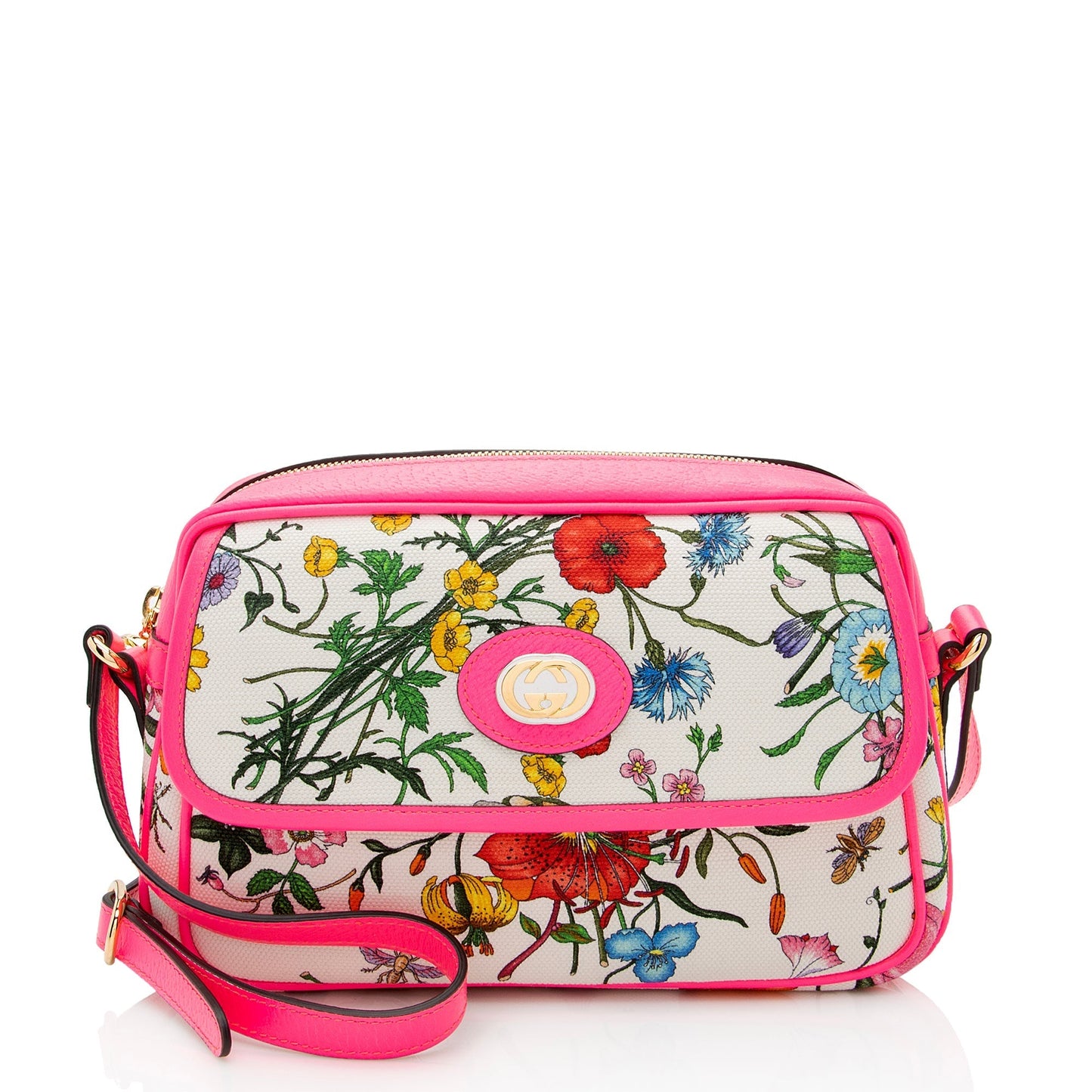 Gucci Flora SHF Leather Canvas White Pink Crossbody Bag