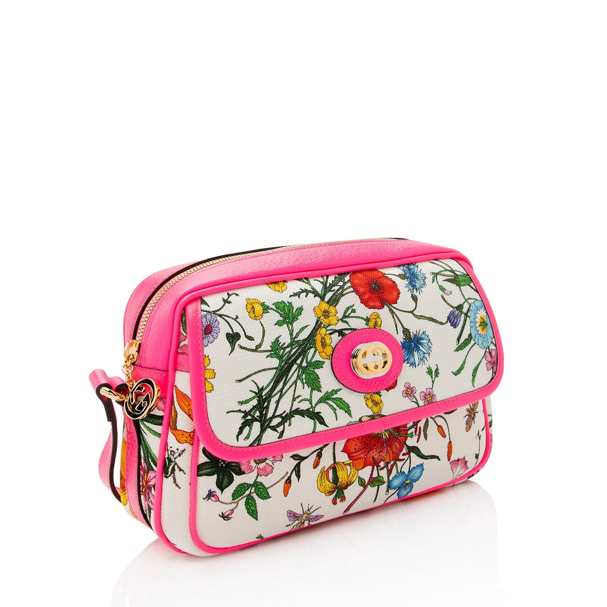 Gucci Flora SHF Leather Canvas White Pink Crossbody Bag
