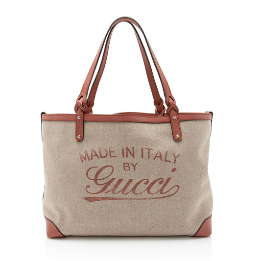 Gucci Craft SHF-AuAMnM Leather Canvas Beige Pink Tote Bag