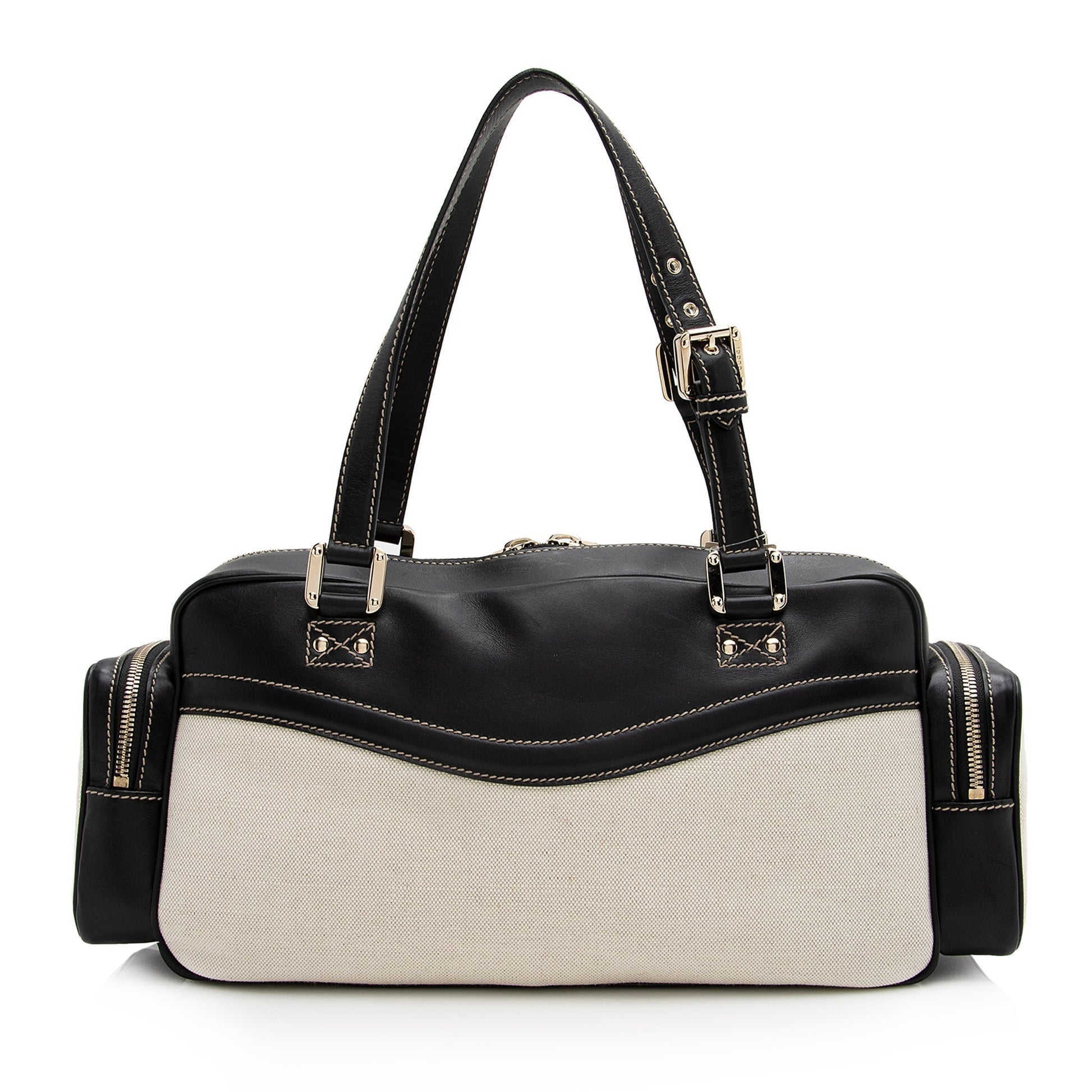 Gucci East West Multi-Pocket SHF Leather Canvas Black Beige Satchel Bag