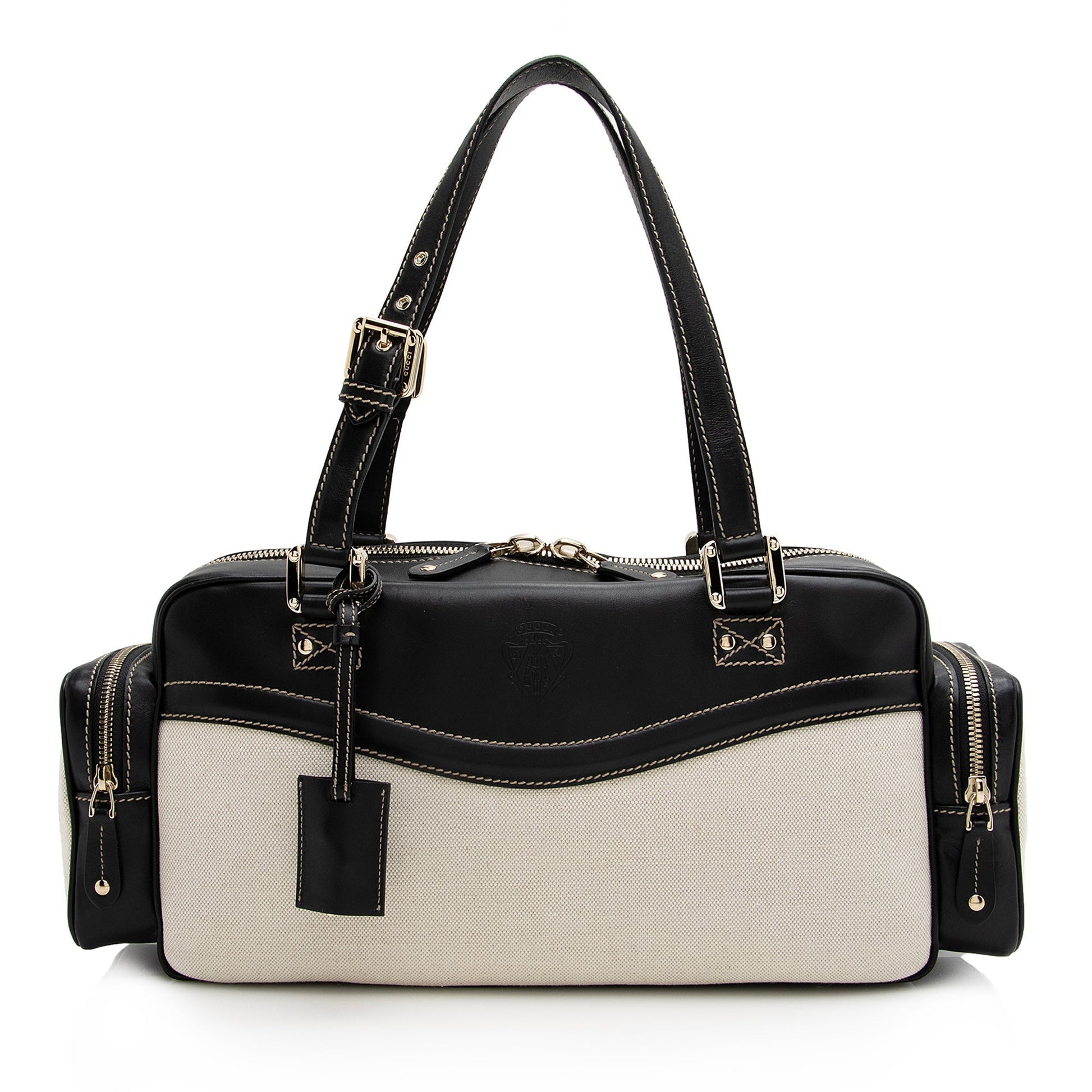 Gucci East West Multi-Pocket SHF Leather Canvas Black Beige Satchel Bag