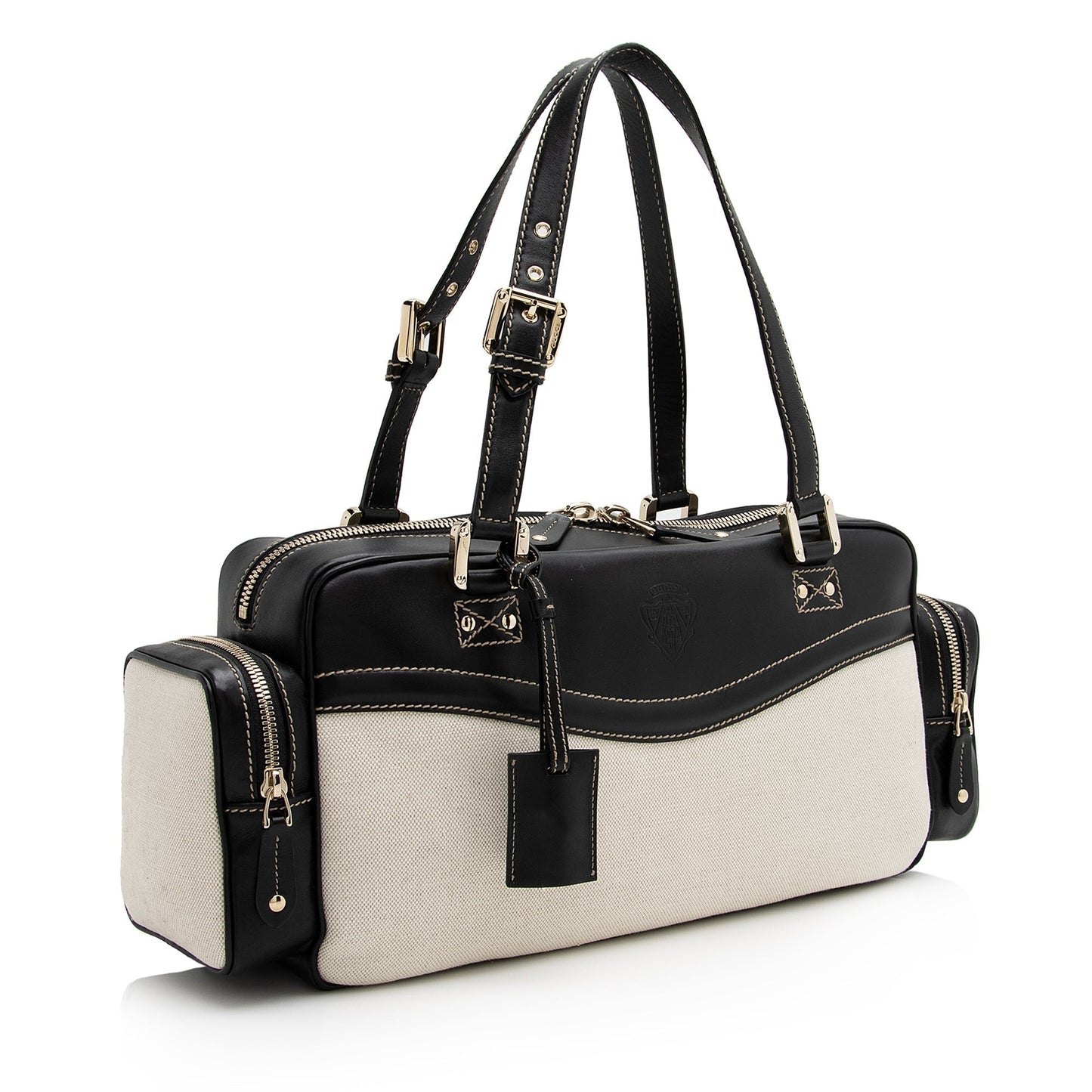 Gucci East West Multi-Pocket SHF Leather Canvas Black Beige Satchel Bag