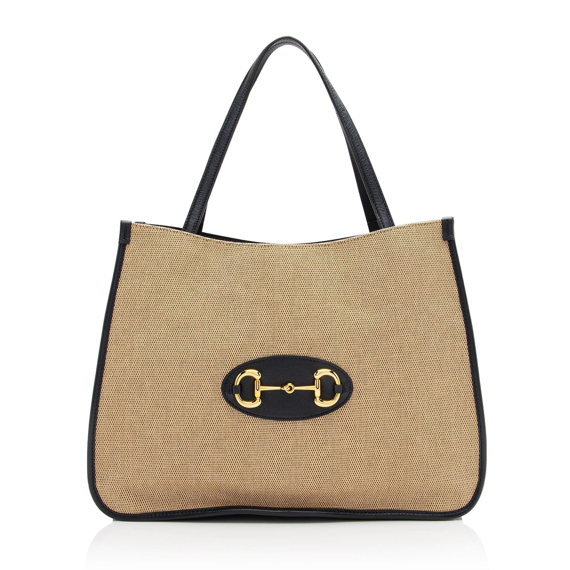 Gucci Horsebit SHF Leather Canvas Beige Blue Tote Bag