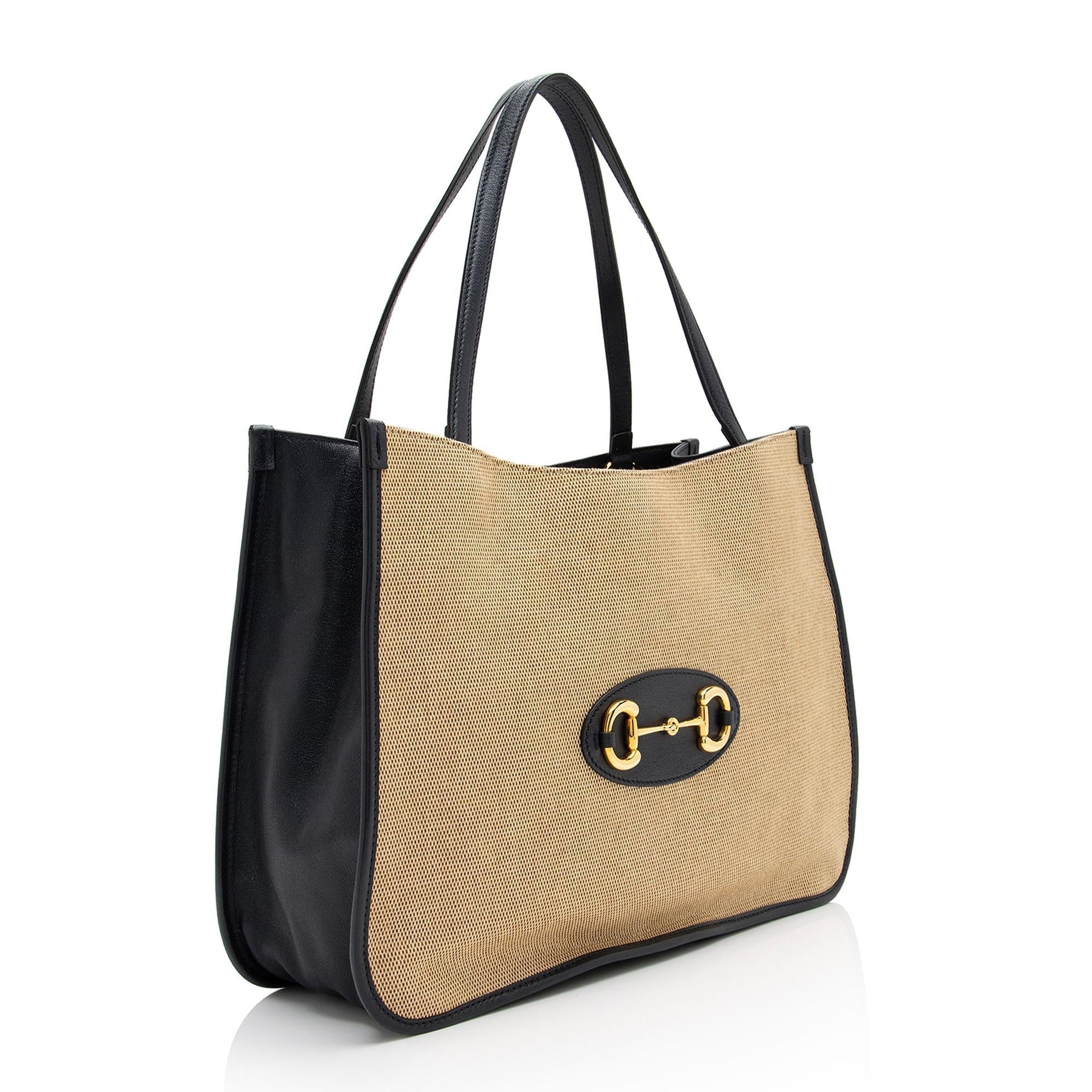 Gucci Horsebit SHF Leather Canvas Beige Blue Tote Bag