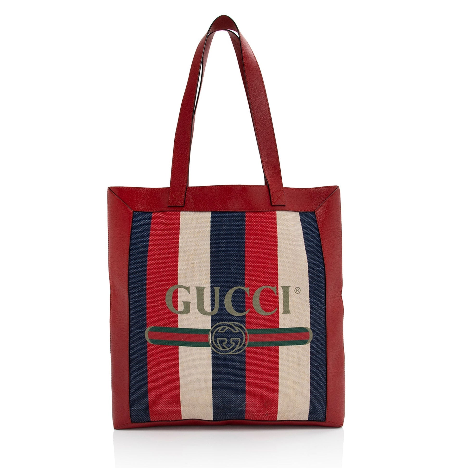 Gucci Sylvie Striped Logo SHF-S666dF Leather Canvas White Blue Tote Bag