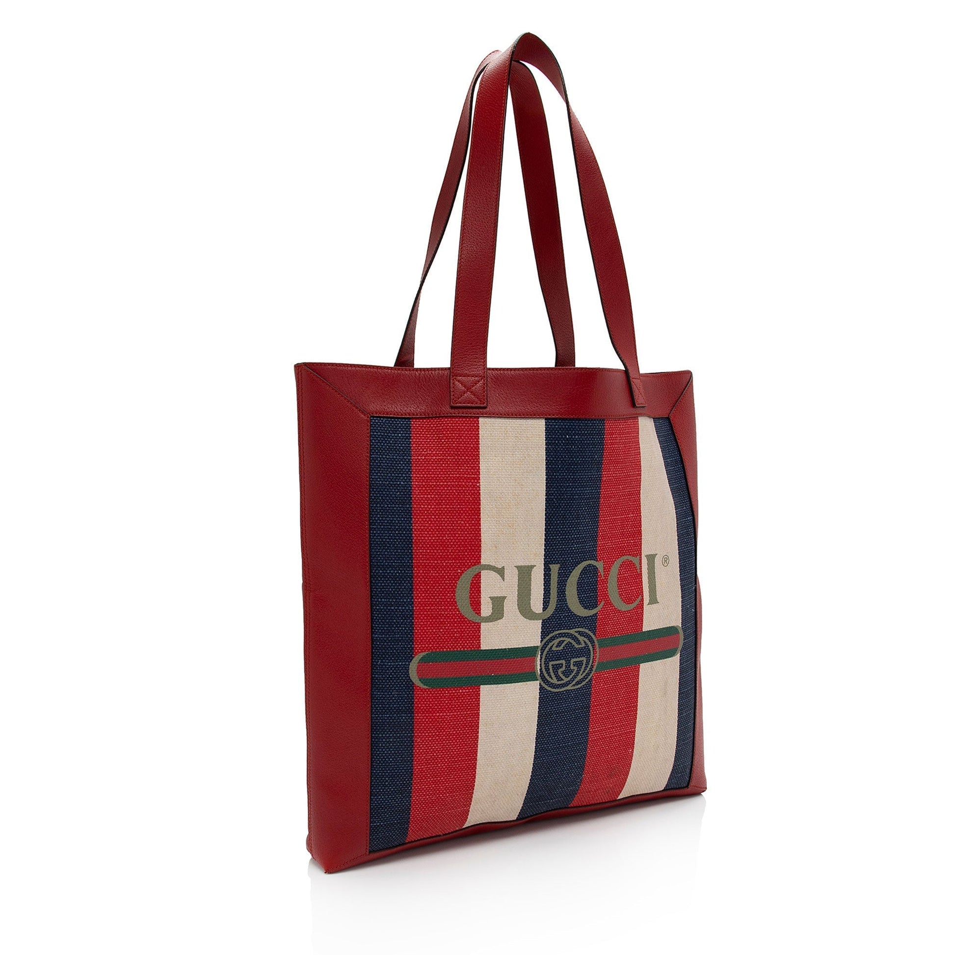 Gucci Sylvie Striped Logo SHF-S666dF Leather Canvas White Blue Tote Bag
