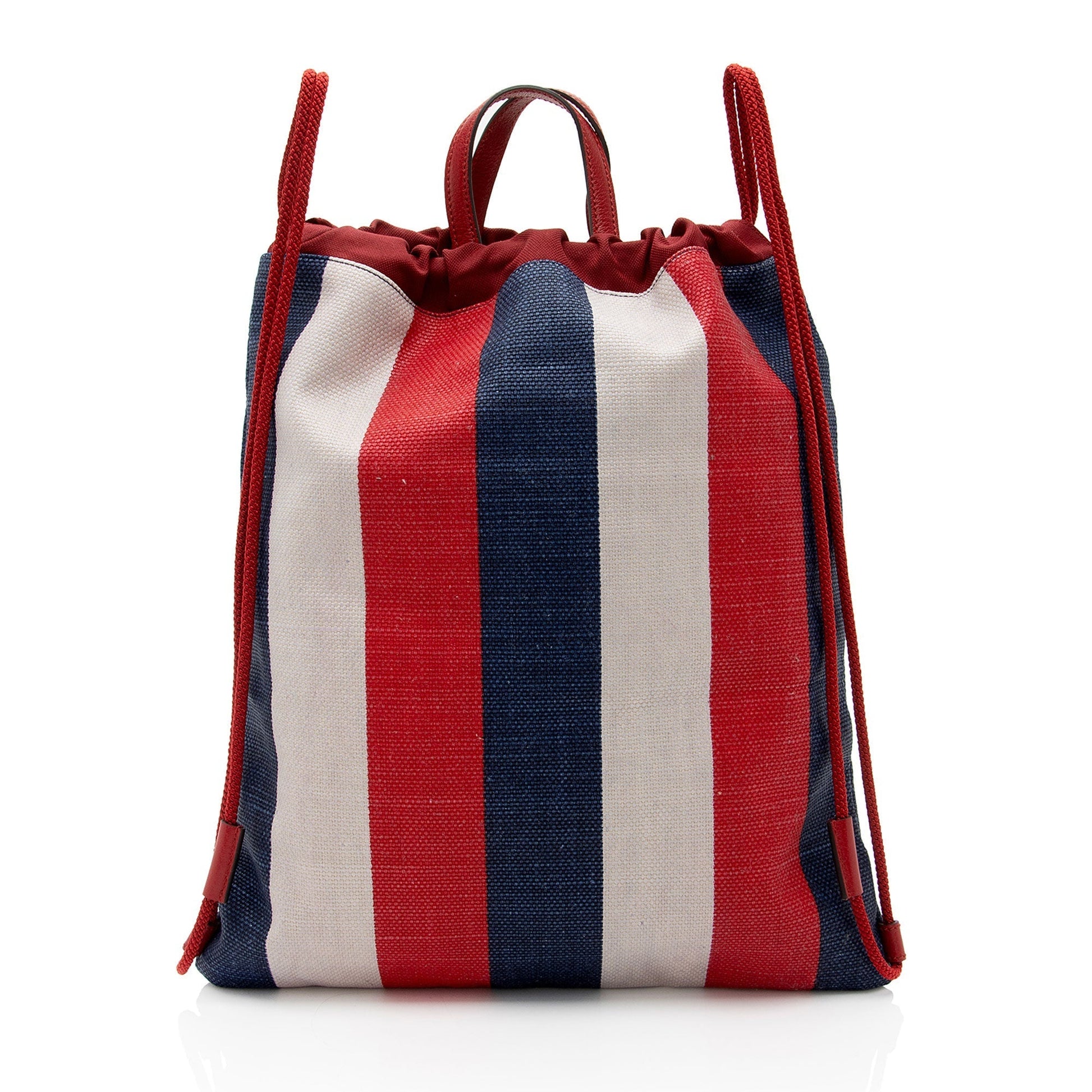 Gucci Sylvie Stripe Logo Drawstring Backpack Leather Canvas Nylon White Jewelry