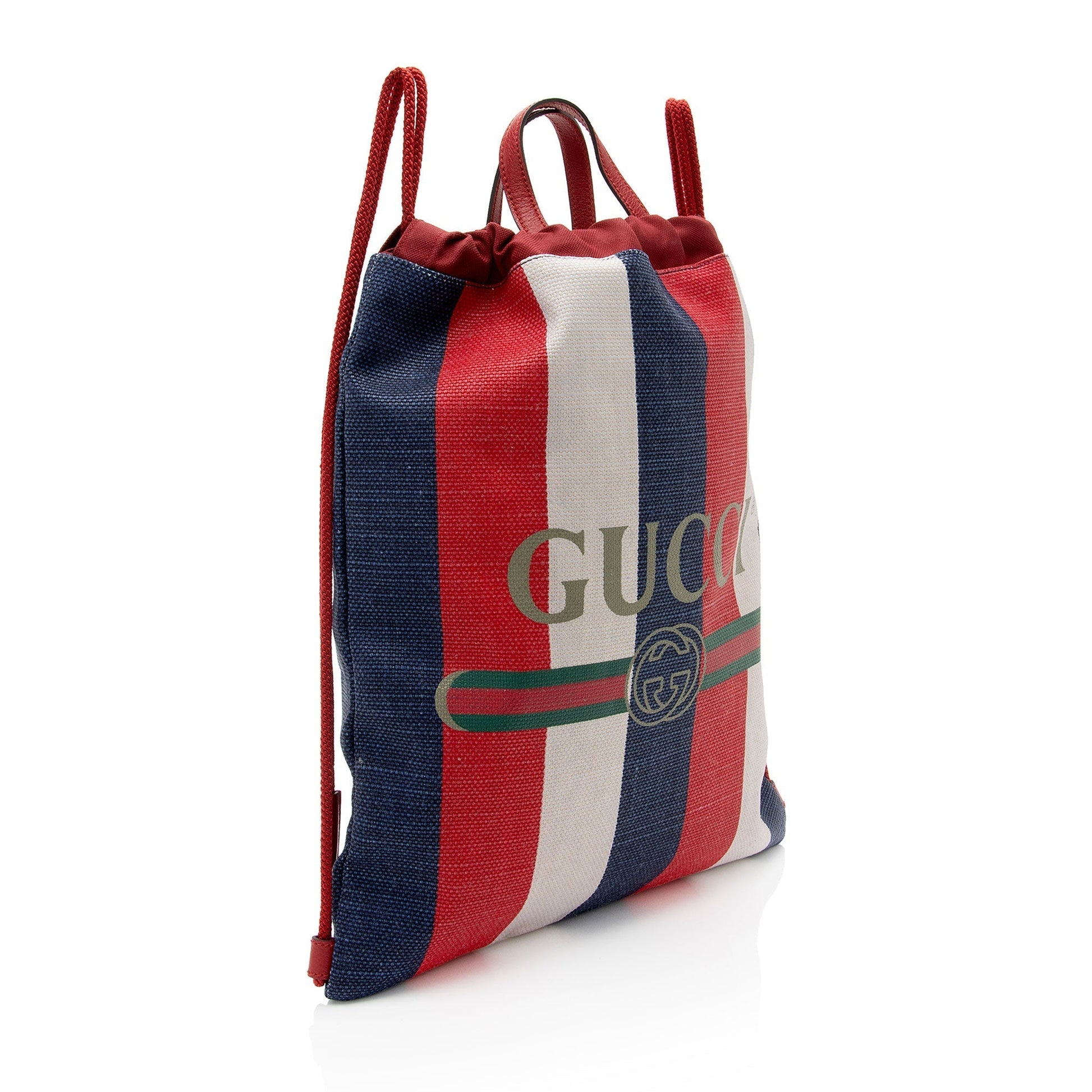 Gucci Sylvie Stripe Logo Drawstring Backpack Leather Canvas Nylon White Jewelry