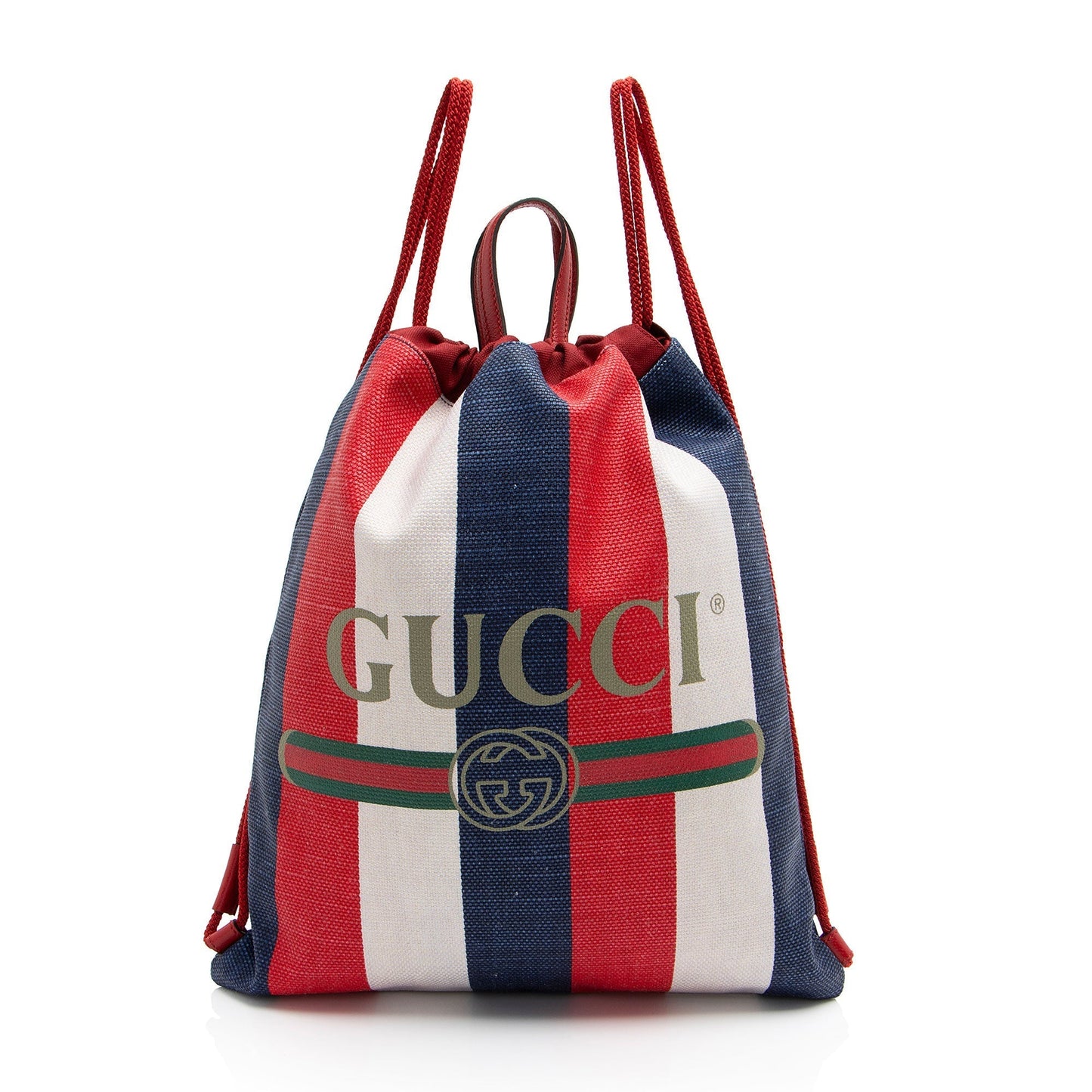 Gucci Sylvie Stripe Logo Drawstring Backpack Leather Canvas Nylon White Jewelry Shf 1Hsgw6