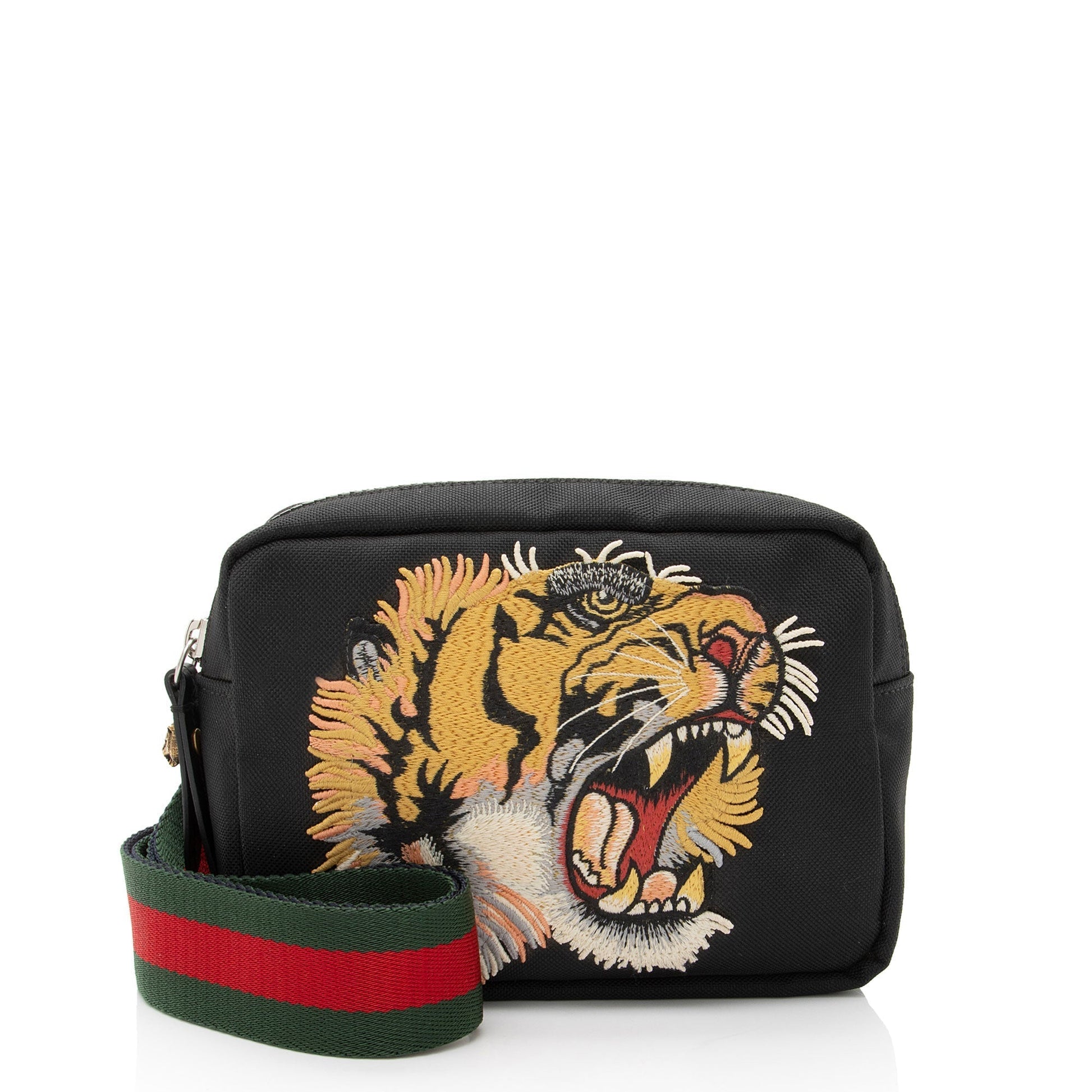 Gucci Tiger Embroidered Web Messenger Leather Canvas Nylon Black Shoulder Bag