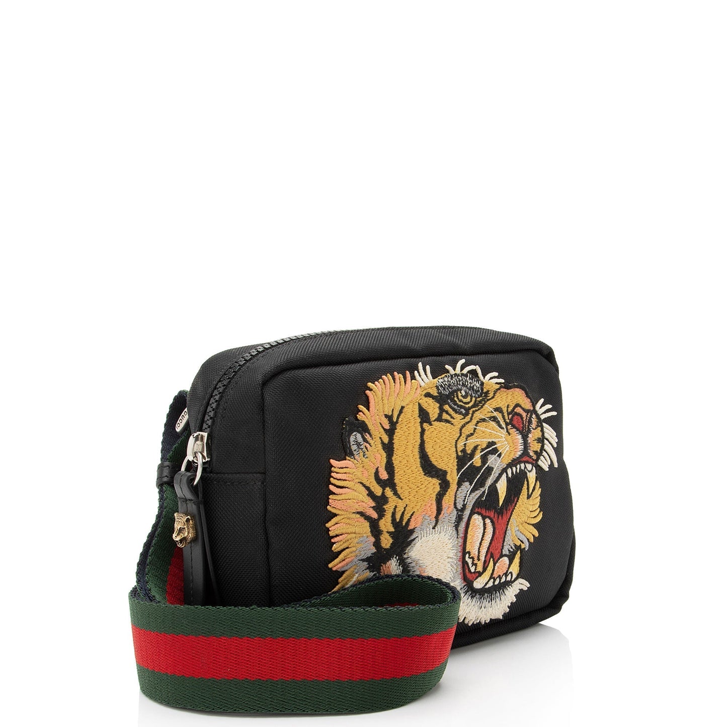 Gucci Tiger Embroidered Web Messenger Leather Canvas Nylon Black Shoulder Bag