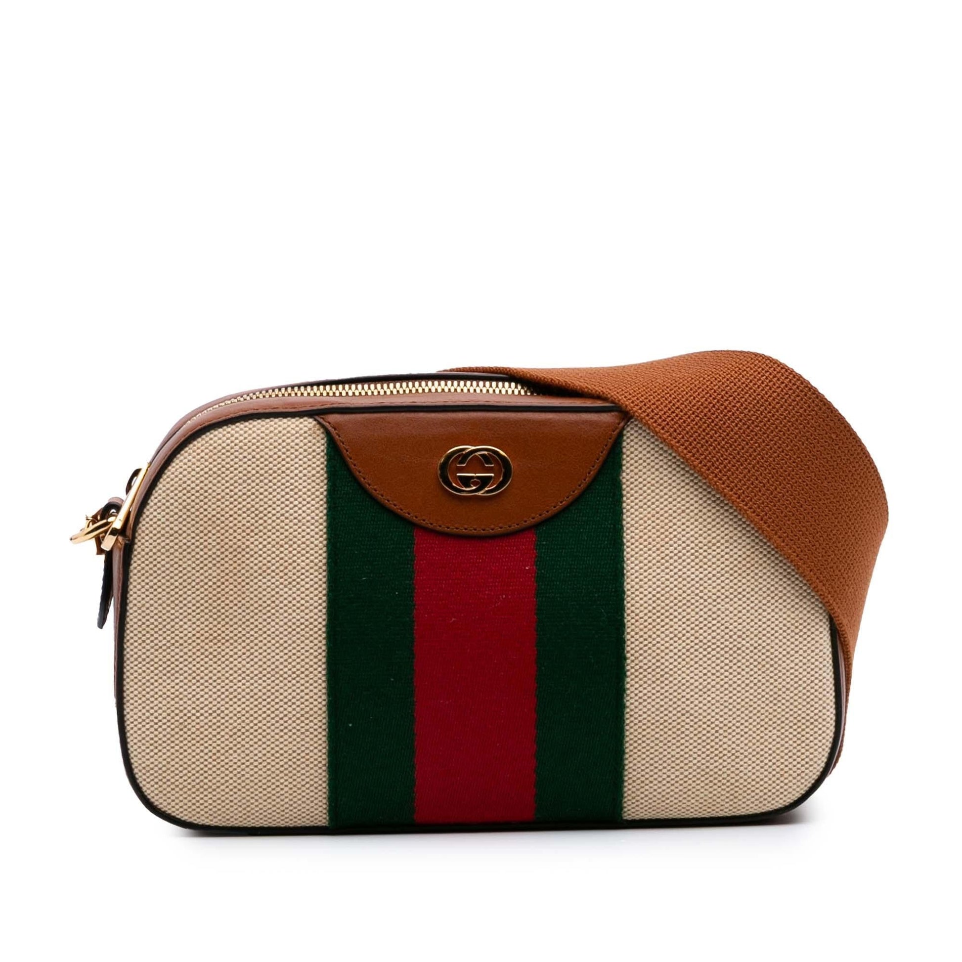 Gucci Web Camera Canvas Calf Brown Crossbody Bag