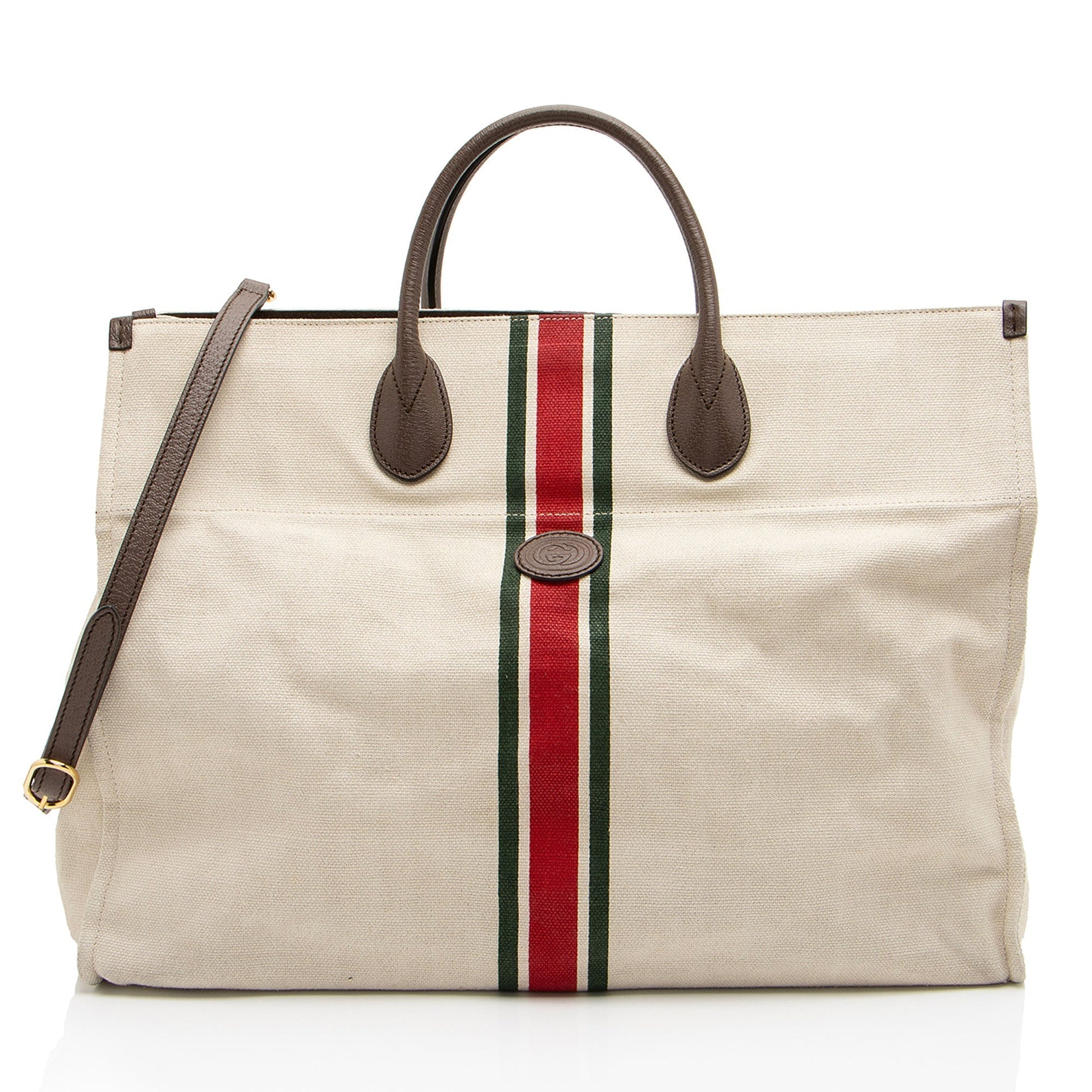 Gucci Web Foldable Leather Canvas Brown Beige Tote Bag
