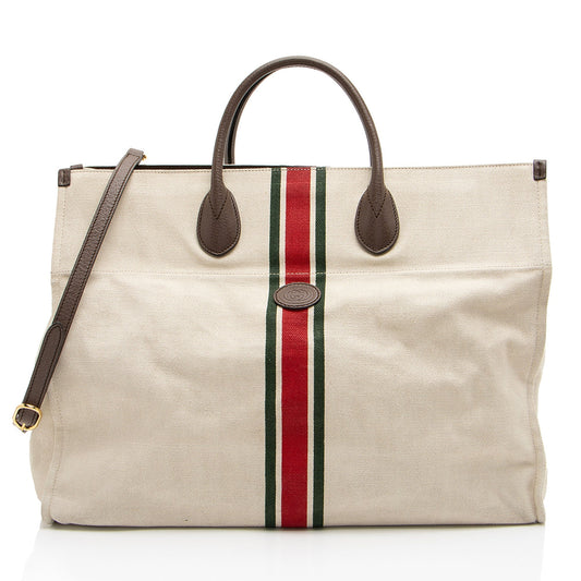 Gucci Web Foldable Leather Canvas Brown Beige Tote Bag