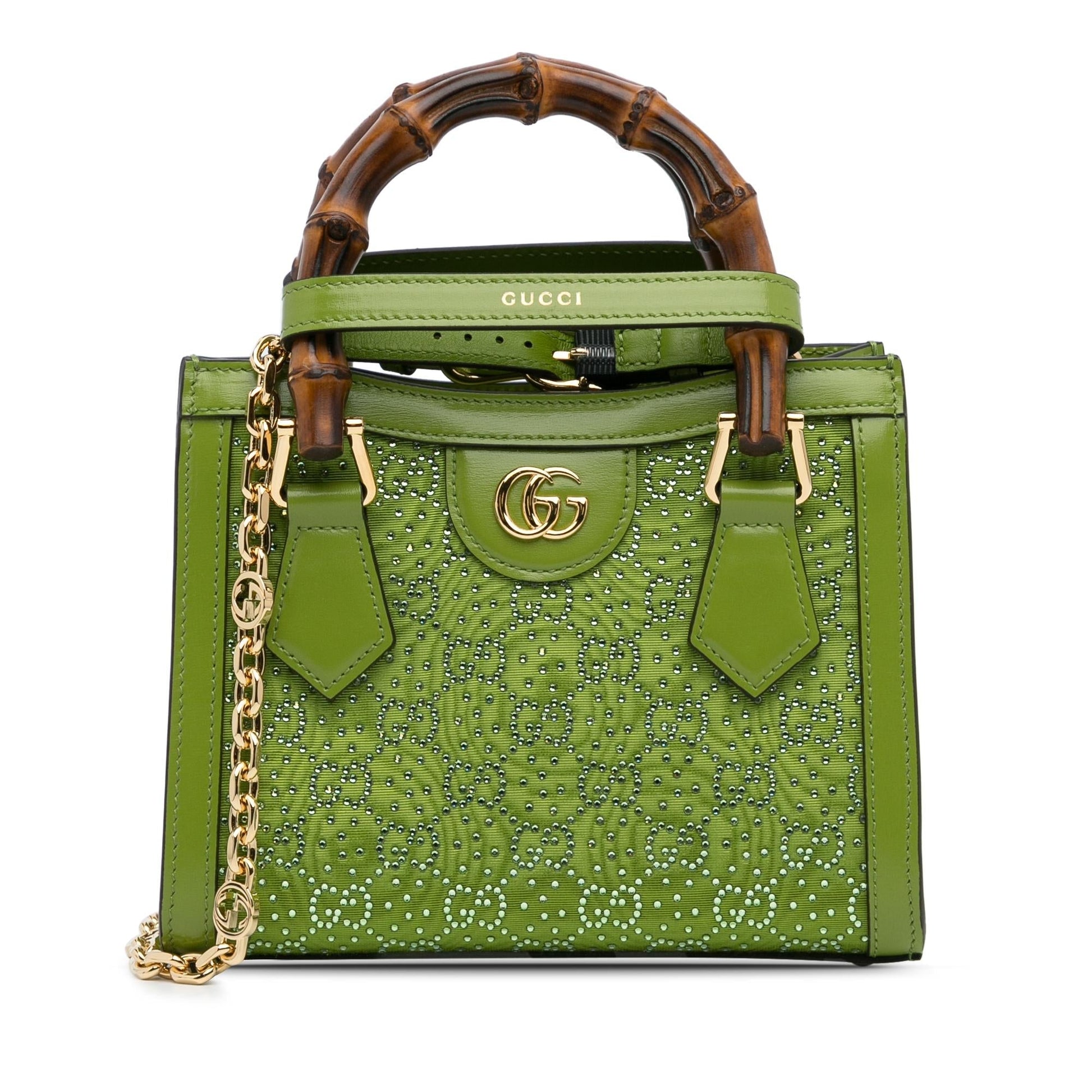 Gucci Crystal Embellished GG Diana SHG-wT7IXI Canvas Calf Green Mini Satchel Bag