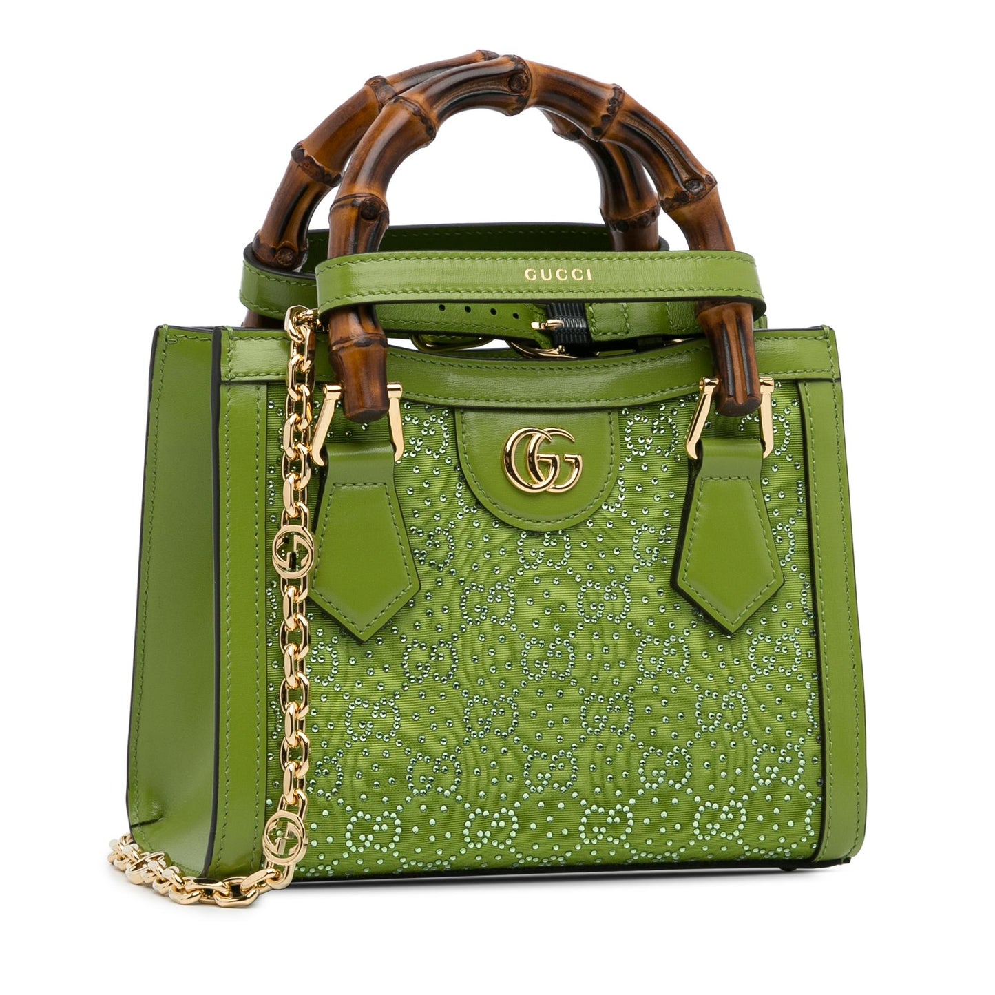 Gucci Crystal Embellished GG Diana SHG-wT7IXI Canvas Calf Green Mini Satchel Bag