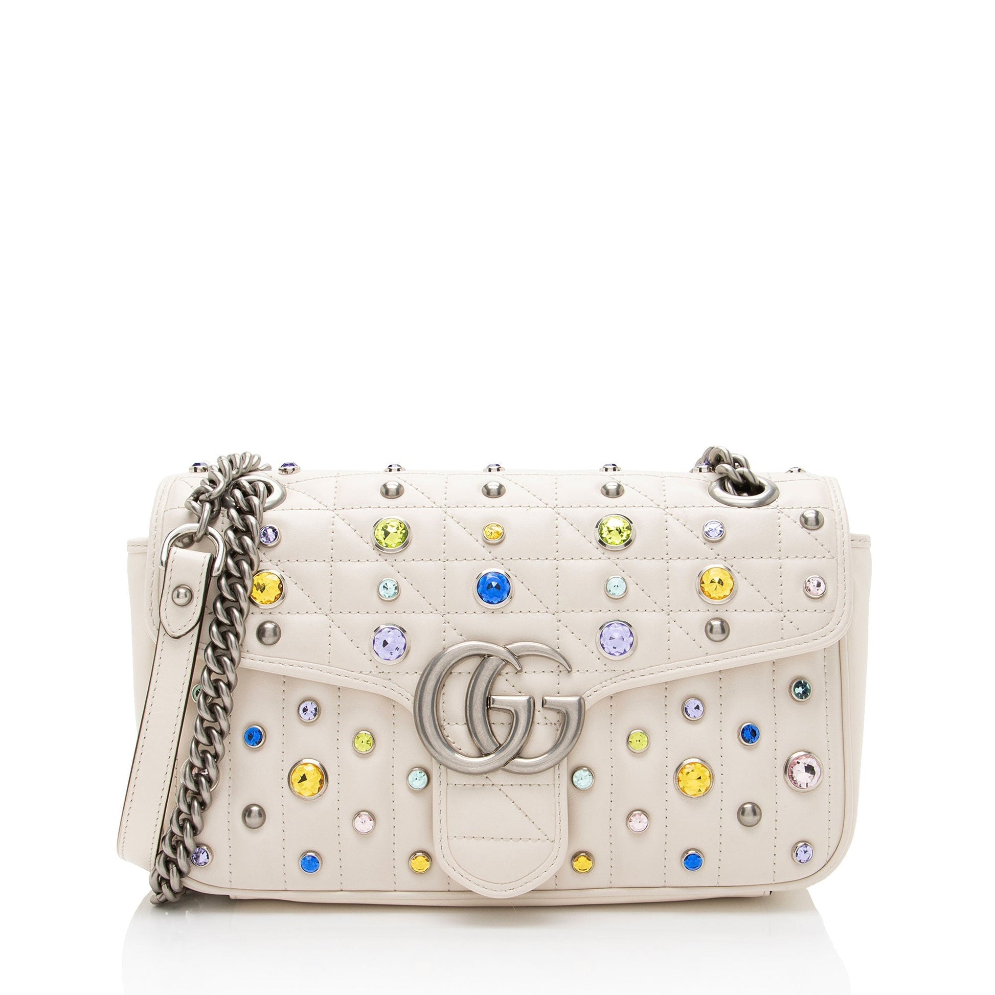 Gucci Crystal Embellished GG Marmont Flap Matelasse Leather White Small Crossbody Bag