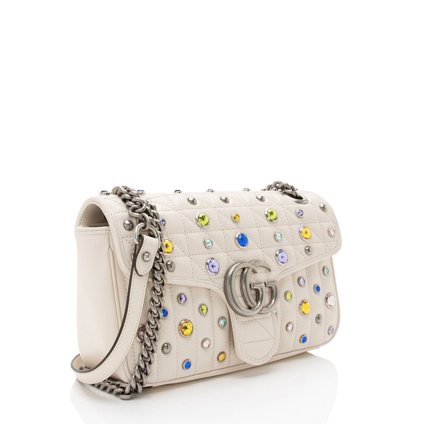 Gucci Crystal Embellished GG Marmont Flap Matelasse Leather White Small Crossbody Bag