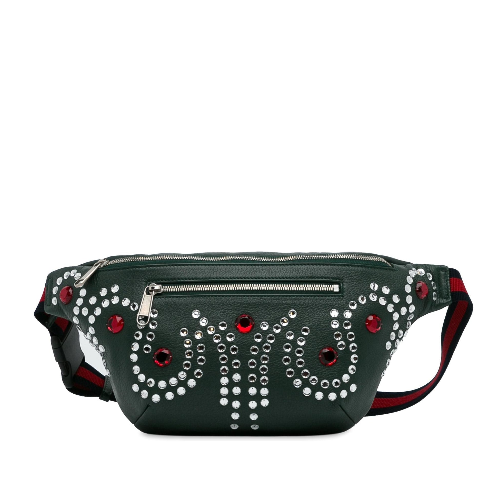 Gucci Crystal Embellished Web Belt SHG-xRoD5p Calf Green Accessory