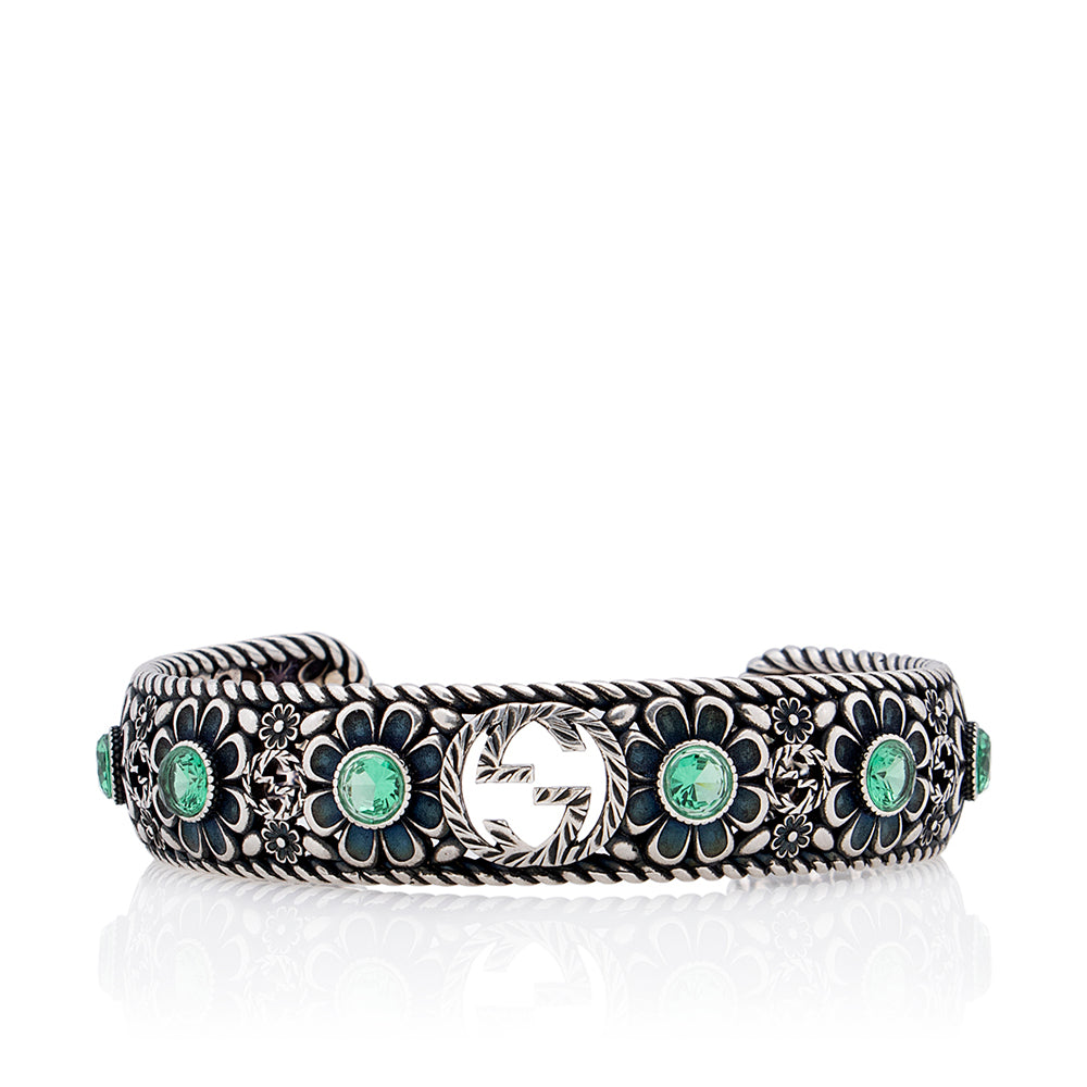 Gucci Crystal Floral Interlocking GG Cuff Silver Jewelry