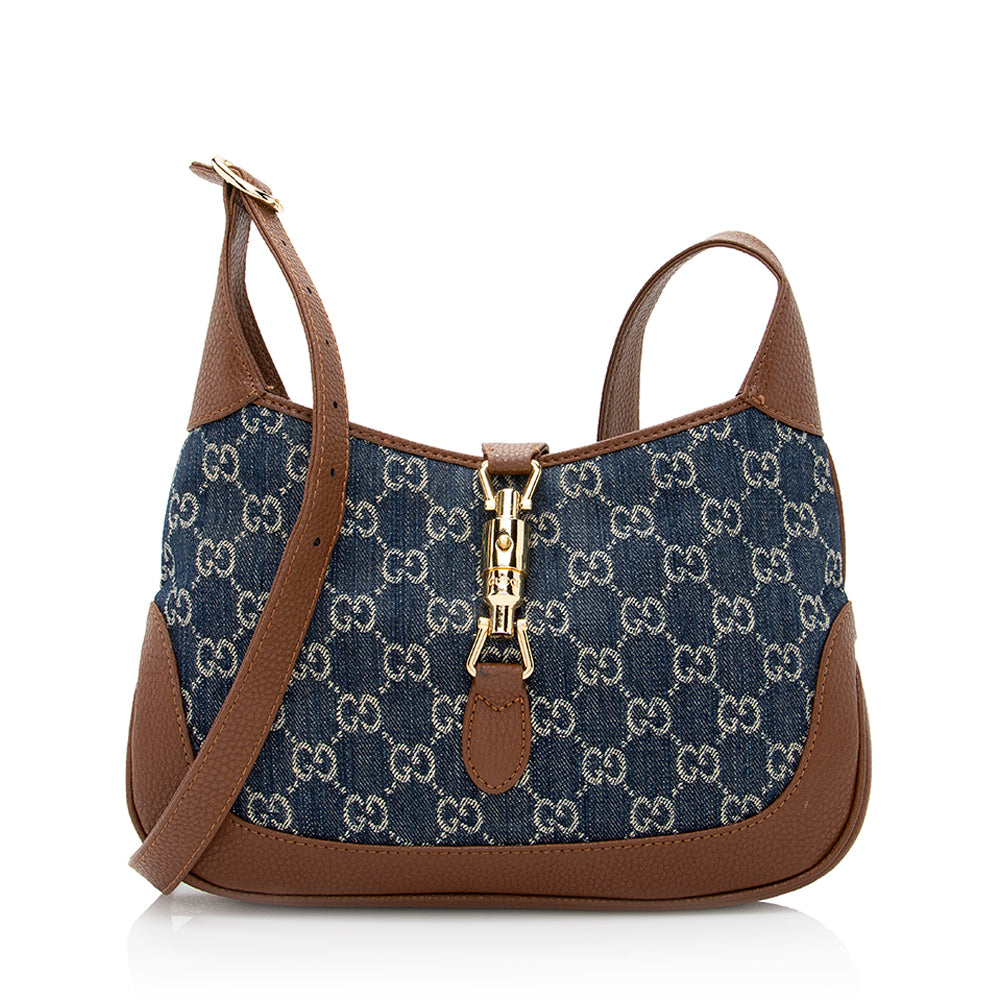 Gucci GG Jackie SHF Leather Denim Brown Blue Crossbody Bag