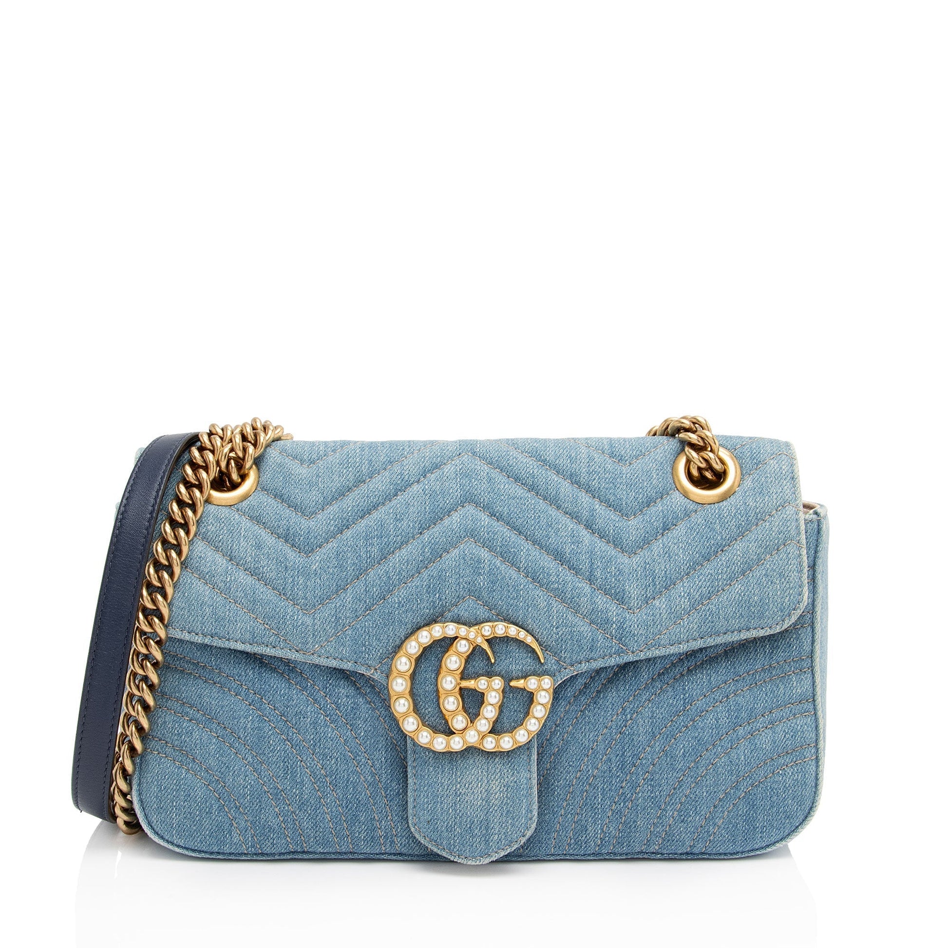 Gucci Pearl GG Marmont Flap SHF-JQgdk7 Matelasse Leather Denim Blue Crossbody Bag