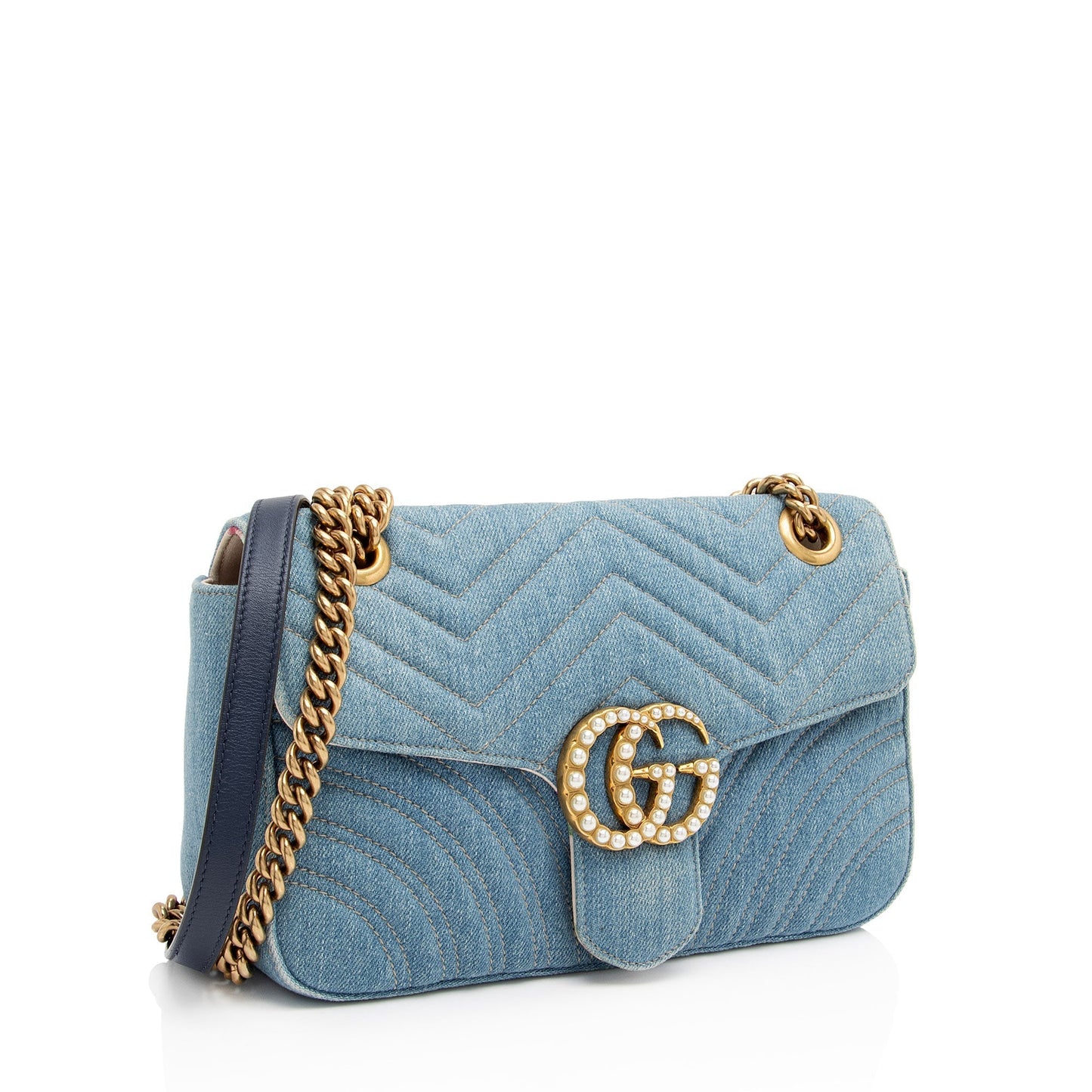 Gucci Pearl GG Marmont Flap SHF-JQgdk7 Matelasse Leather Denim Blue Crossbody Bag
