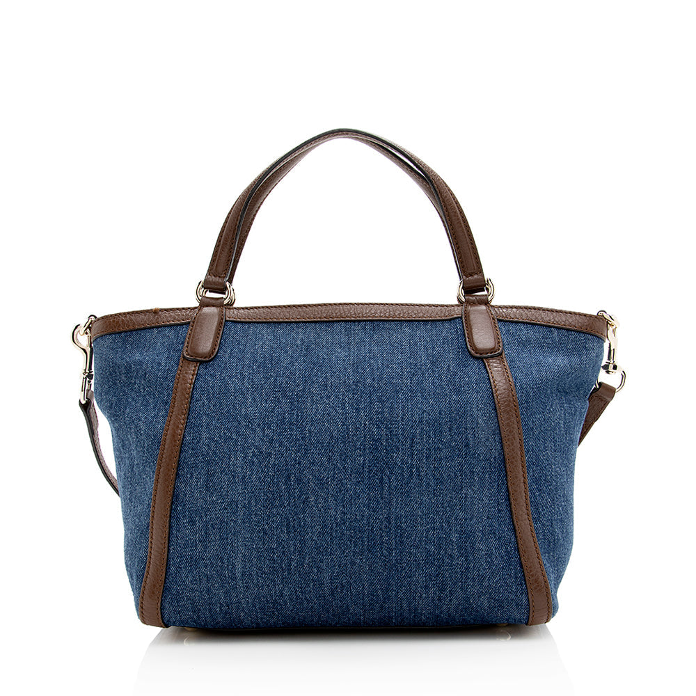Gucci Soho Top Handle SHF Leather Denim Brown Blue Tote Bag