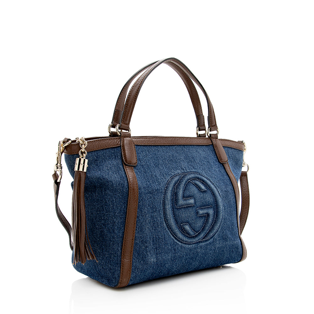 Gucci Soho Top Handle SHF Leather Denim Brown Blue Tote Bag