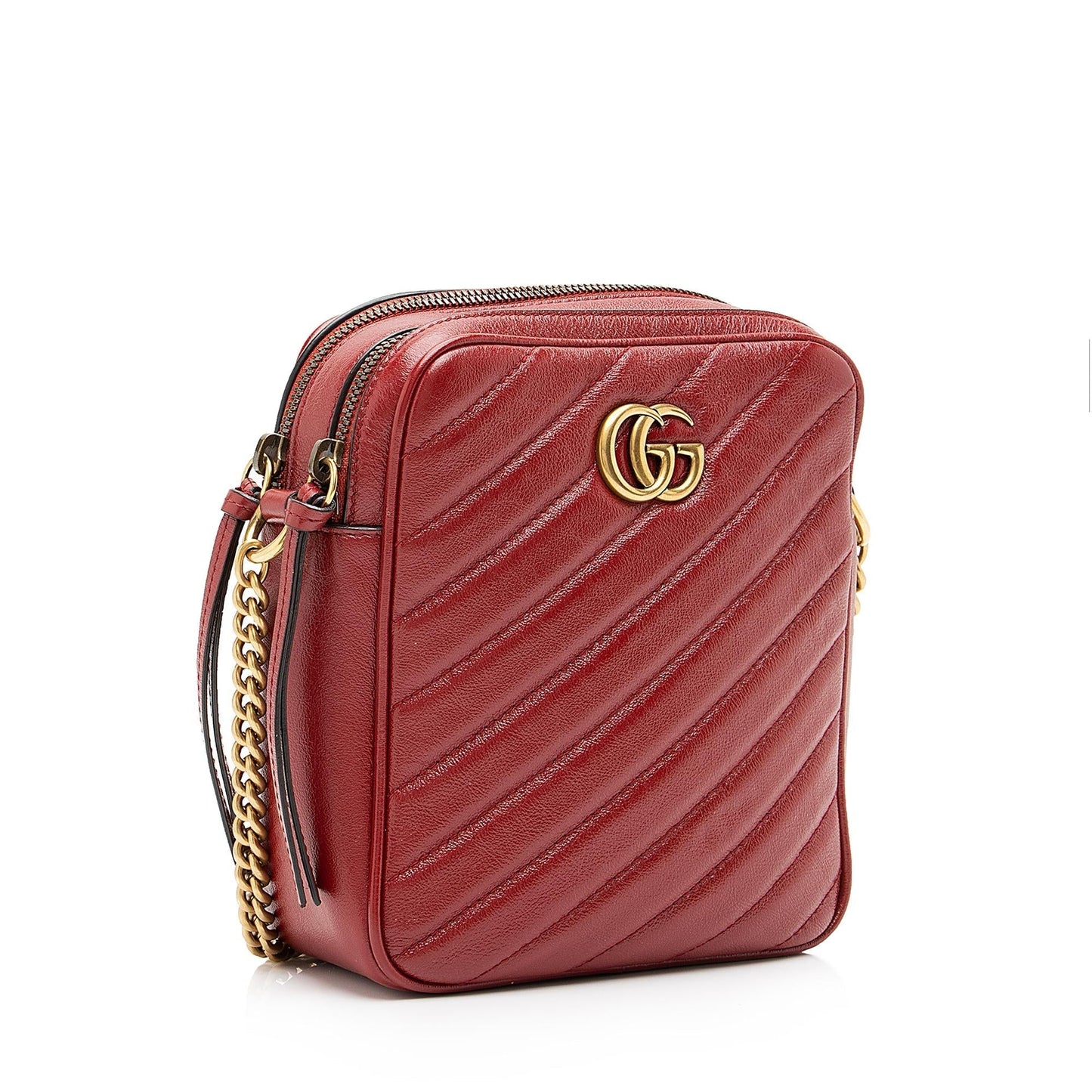 Gucci Diagonal GG Marmont Double Zip Matelasse Leather Red Mini Crossbody Bag