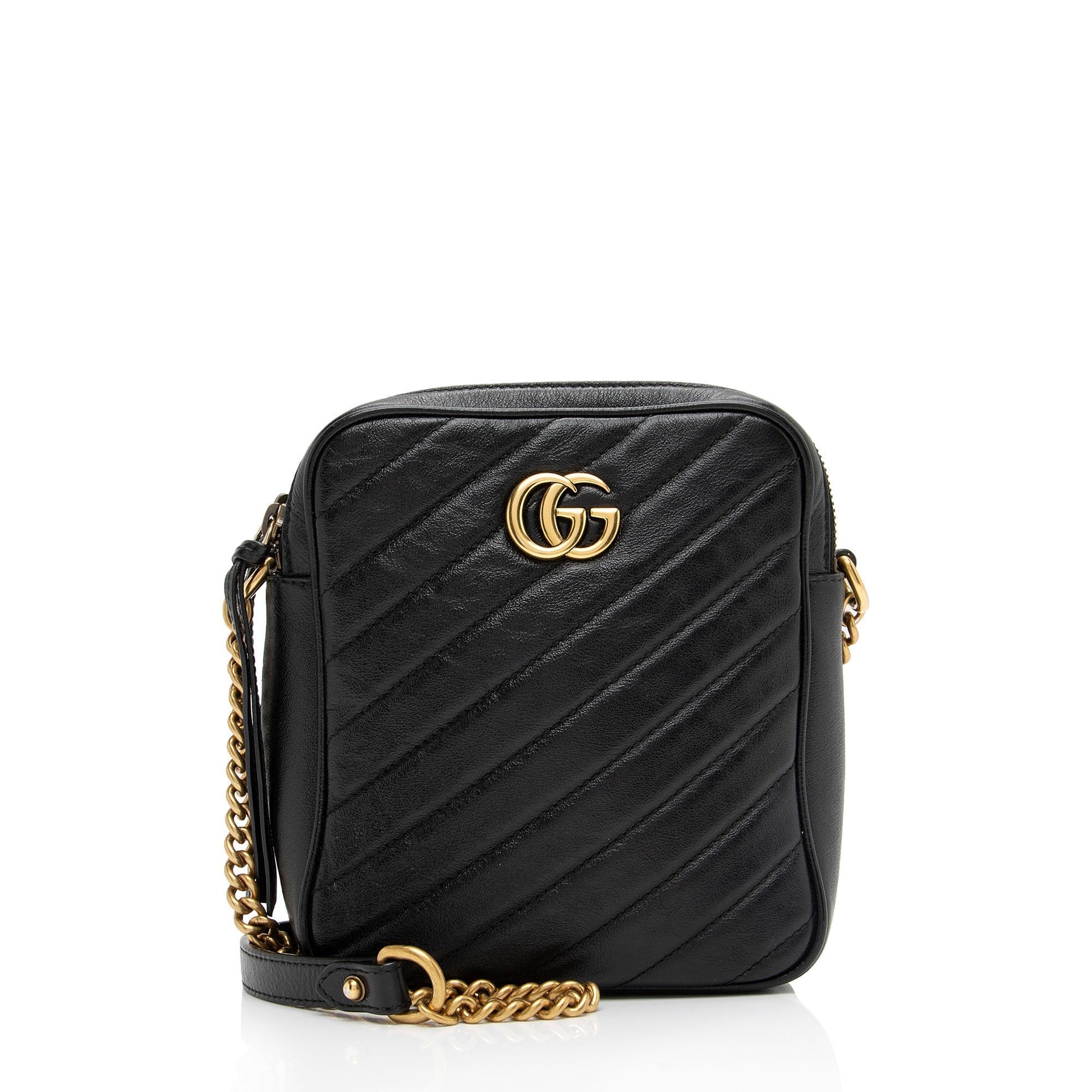 Gucci Diagonal GG Marmont Double Zip Matelasse Leather Black Mini Crossbody Bag