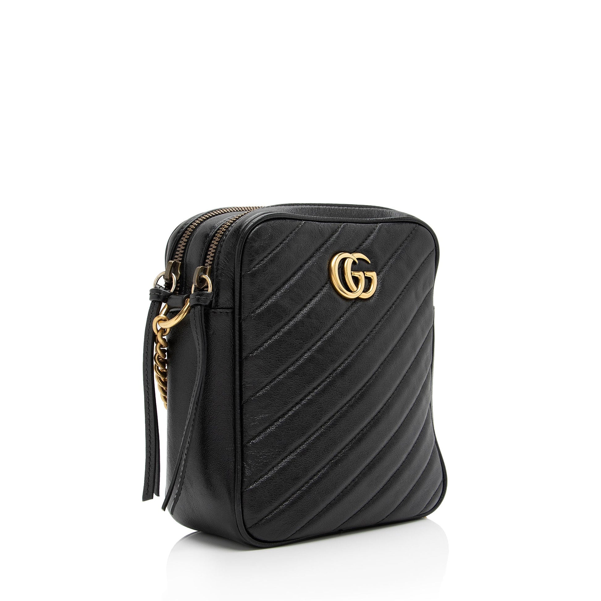 Gucci Diagonal GG Marmont Double Zip Matelasse Leather Black Mini Crossbody Bag