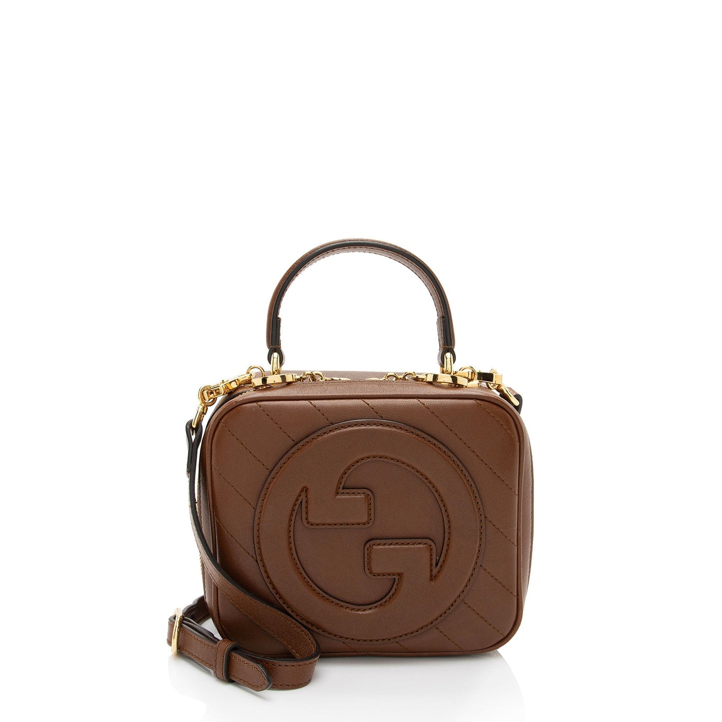 Gucci Diagonal Stitched Blondie SHF-Nt6TPc Calfskin Brown Top Handle Crossbody Bag