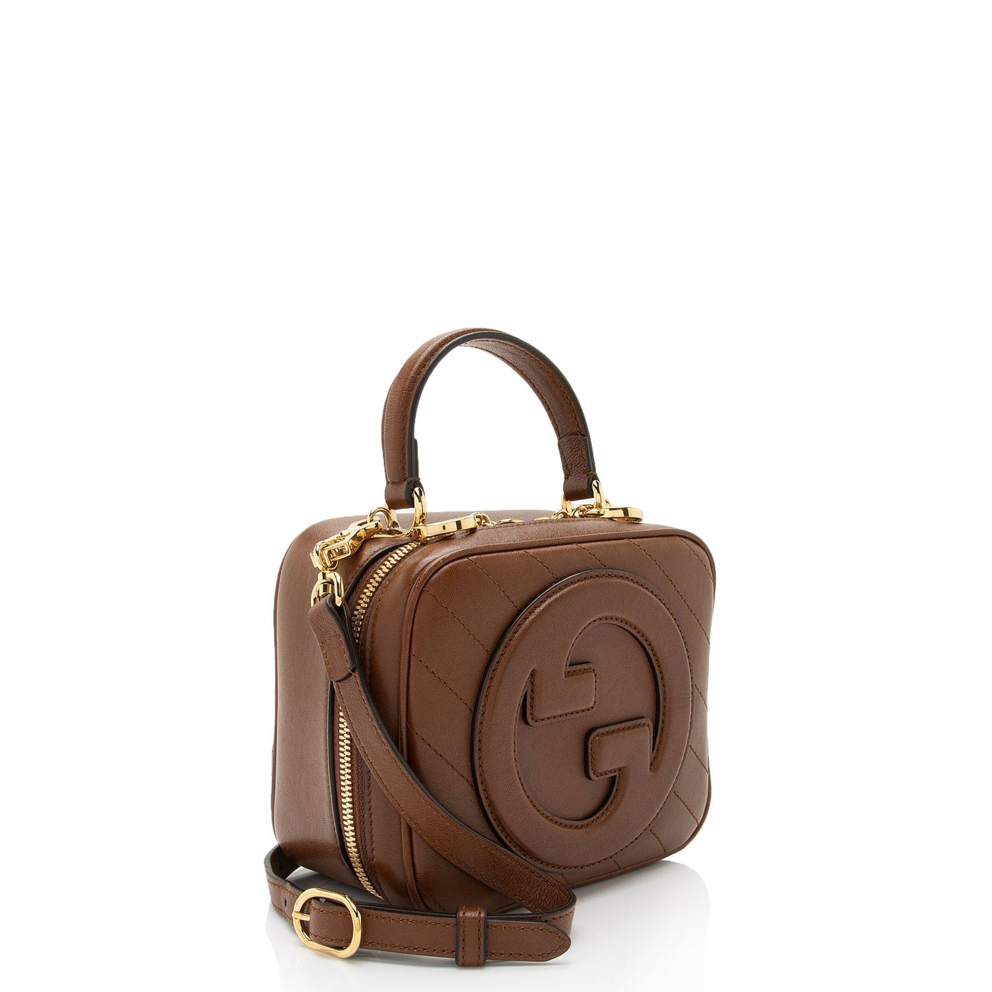 Gucci Diagonal Stitched Blondie SHF-Nt6TPc Calfskin Brown Top Handle Crossbody Bag