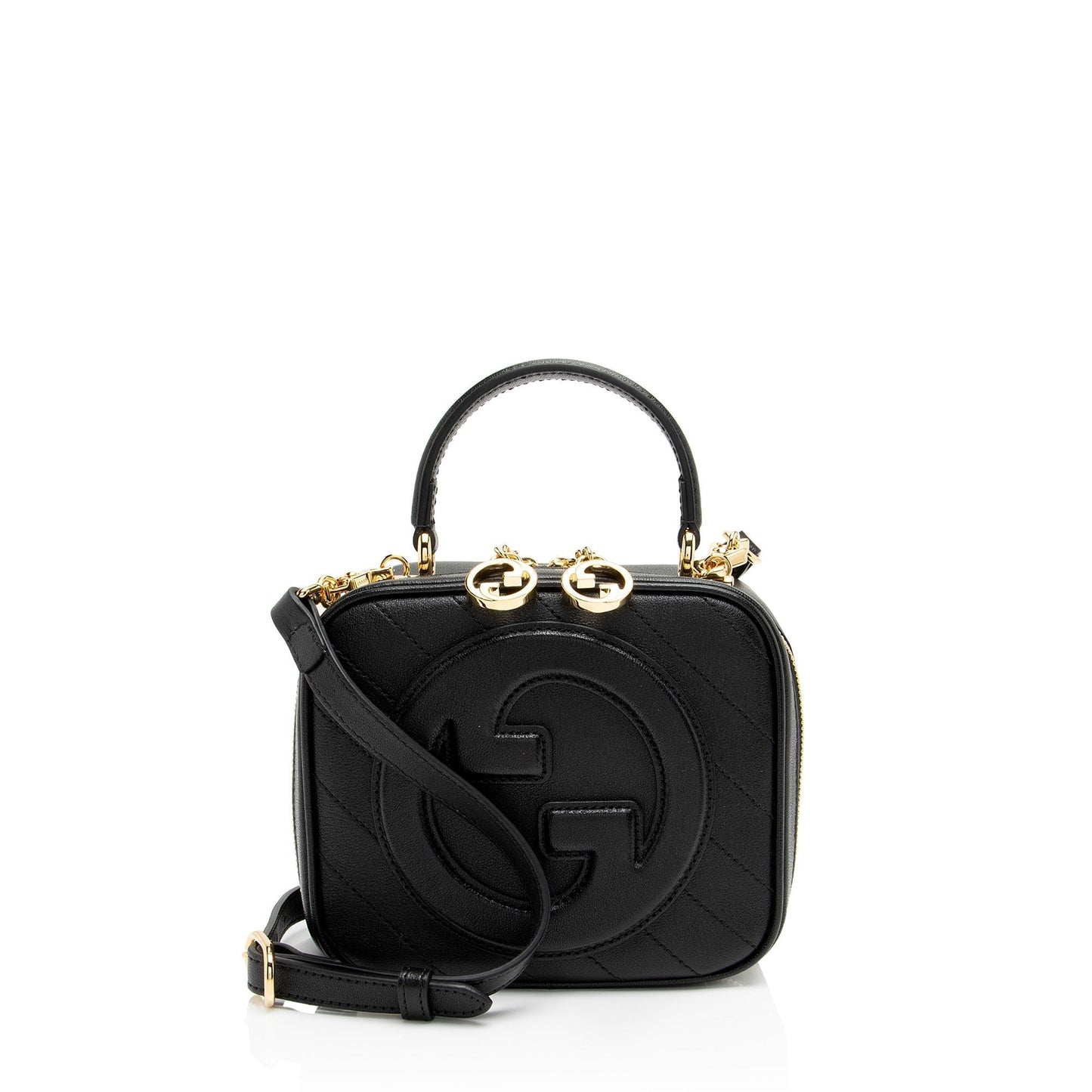 Gucci Diagonal Stitched Blondie Calfskin Black Top Handle Satchel Bag