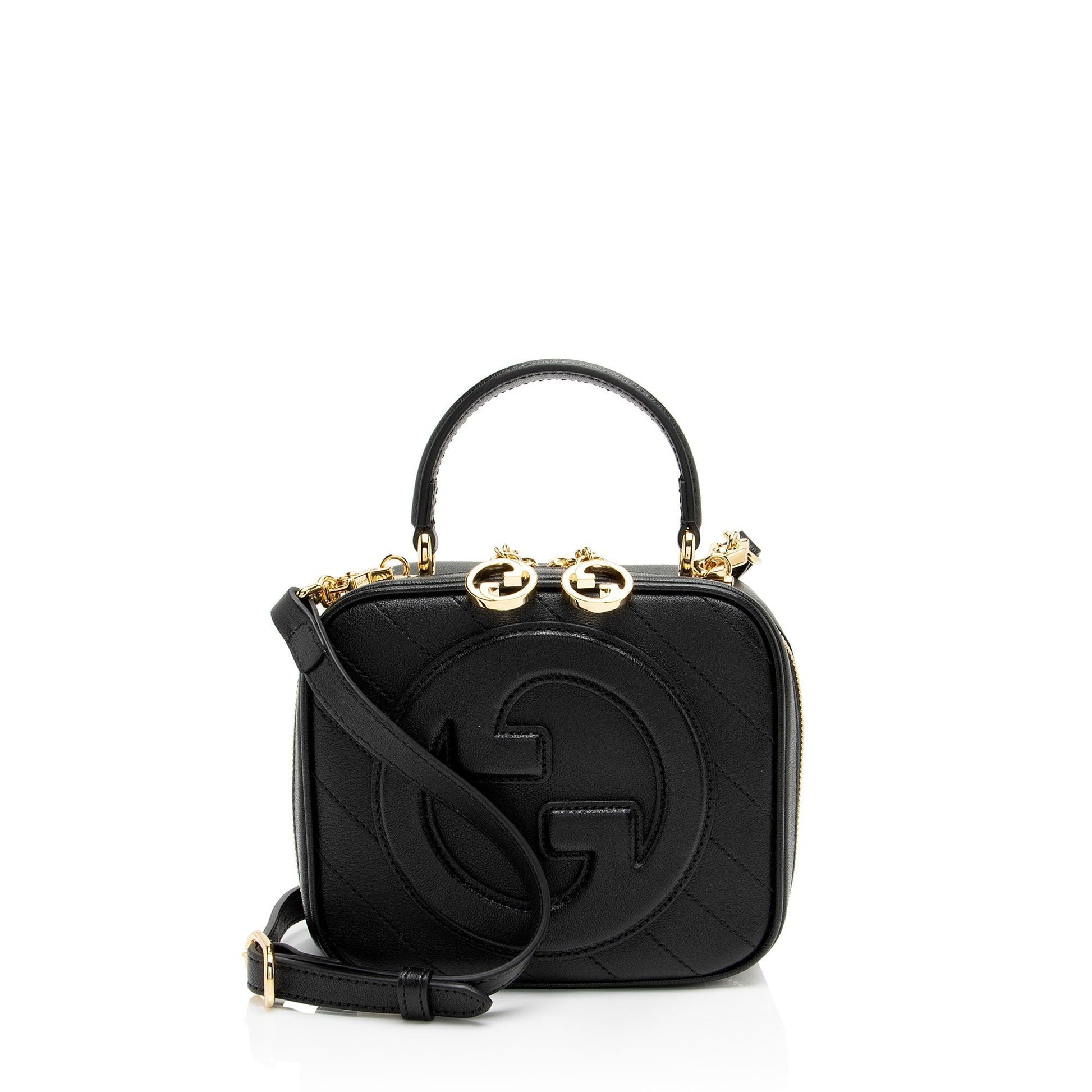 Gucci Diagonal Stitched Blondie Calfskin Black Top Handle Satchel Bag