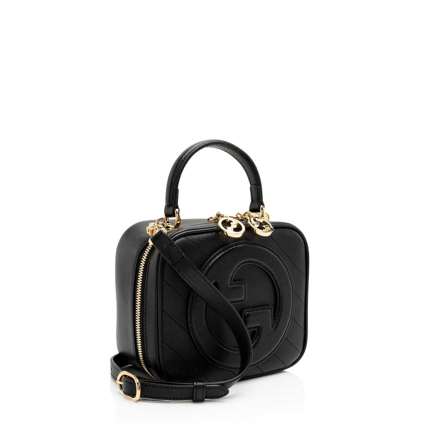 Gucci Diagonal Stitched Blondie Calfskin Black Top Handle Satchel Bag