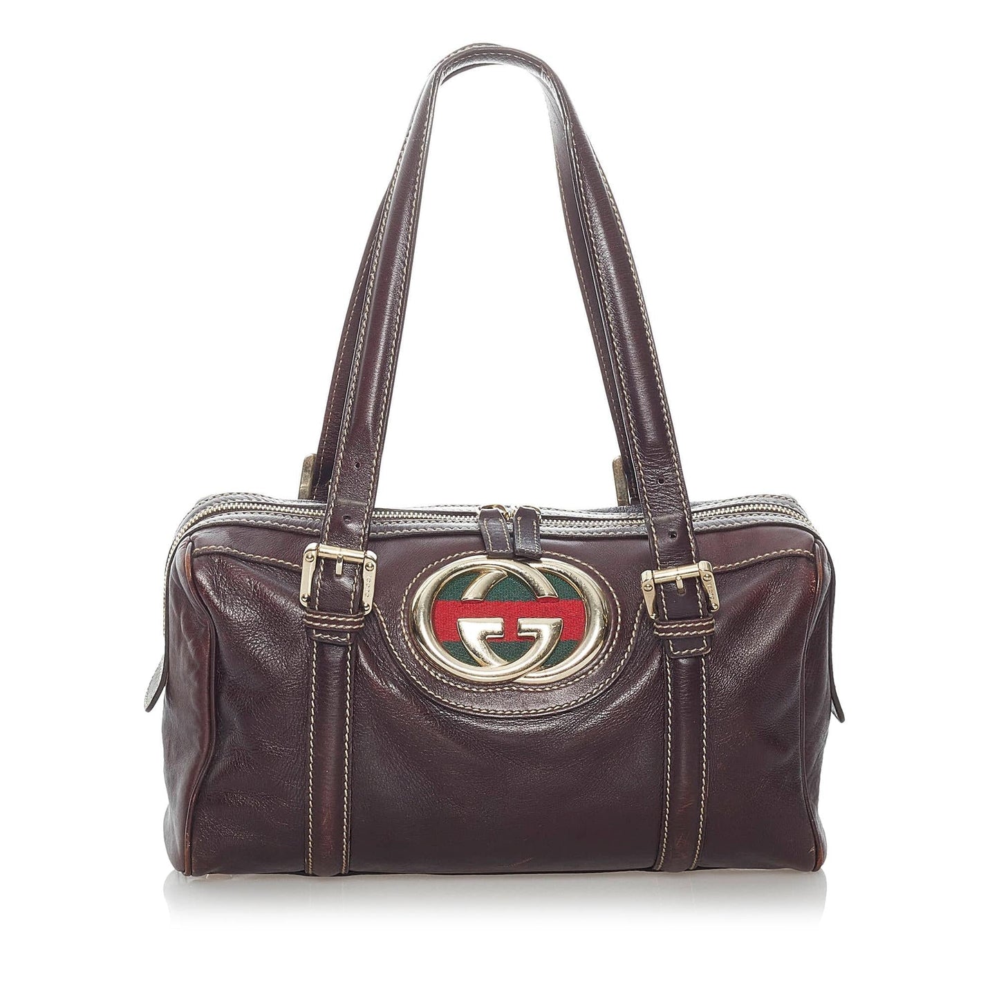 Gucci Dialux Britt Boston SHG Leather Canvas Patent Brown Satchel Bag