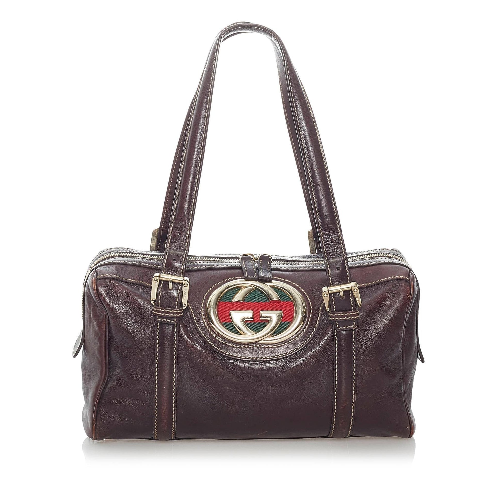 Gucci Dialux Britt Boston SHG Leather Canvas Patent Brown Satchel Bag