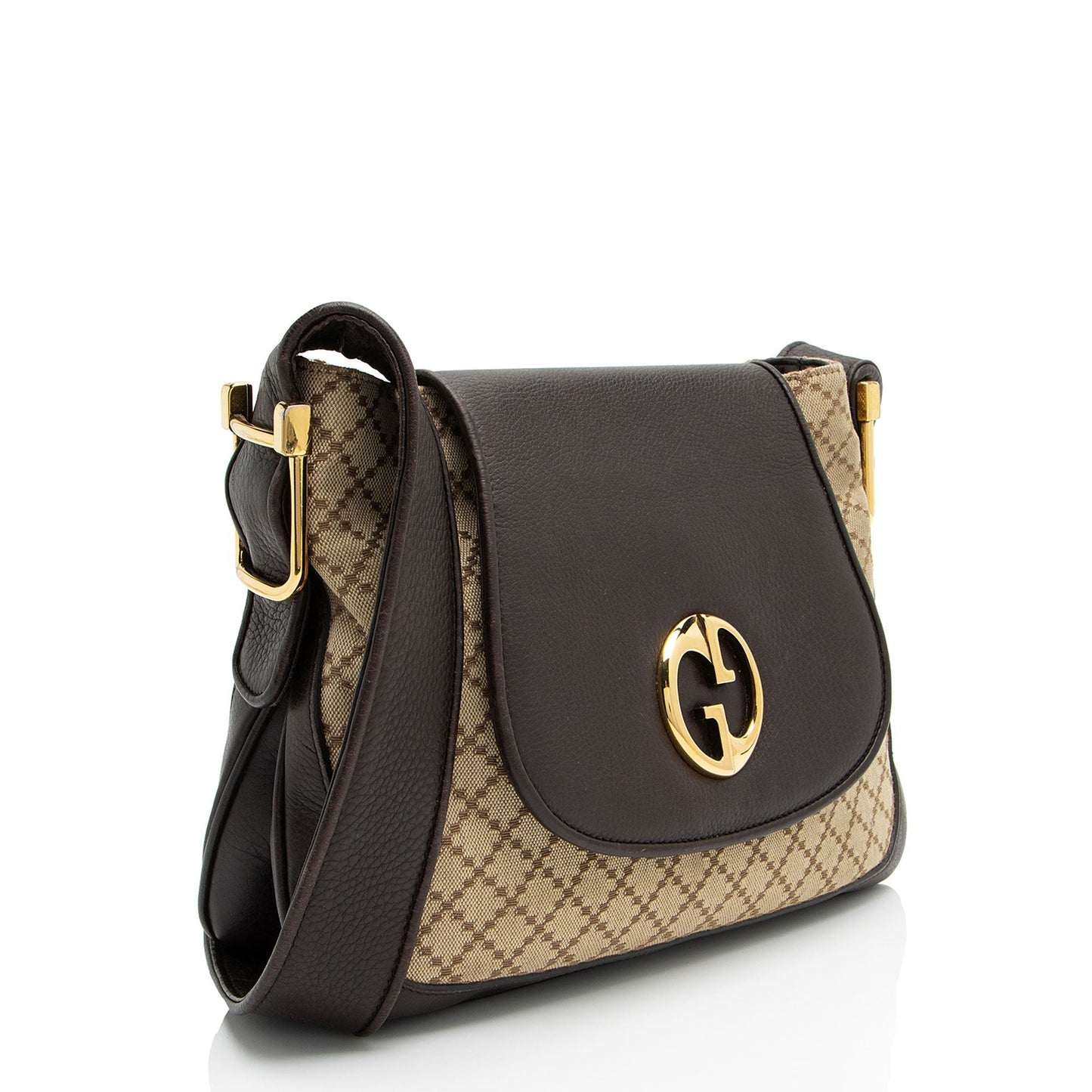 Gucci Diamante Flap Leather Canvas Brown Beige Shoulder Bag
