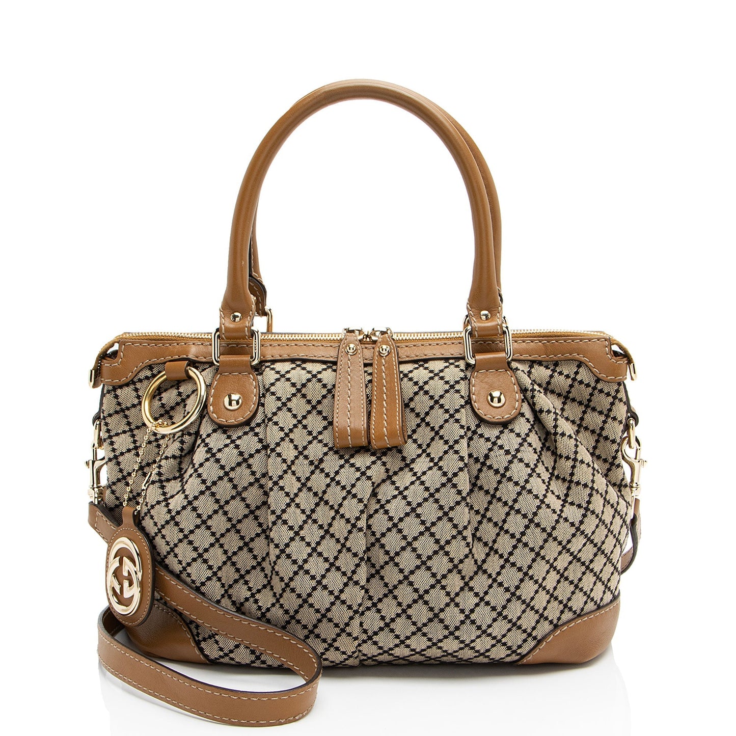 Gucci Diamante Sukey Leather Canvas Brown Beige Satchel Bag