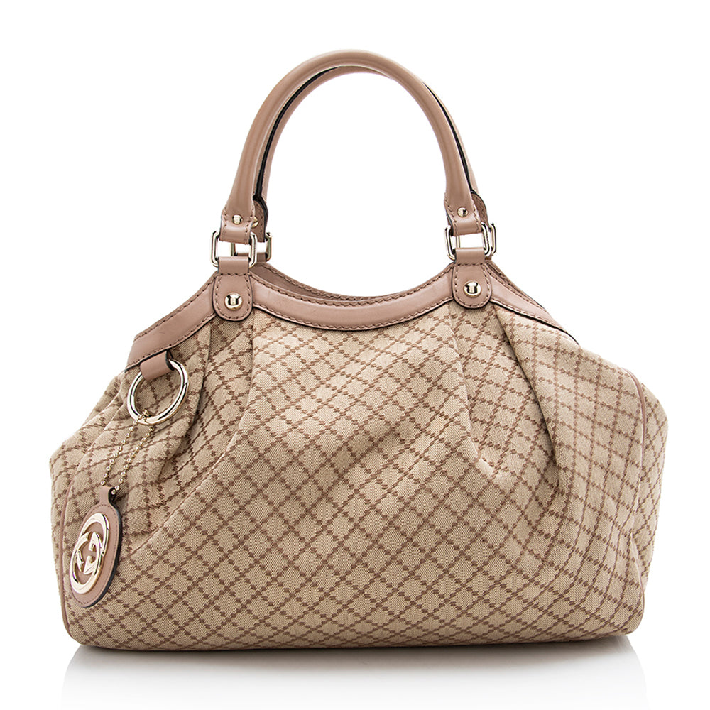 Gucci Diamante Sukey SHF Leather Canvas Beige Pink Tote Bag