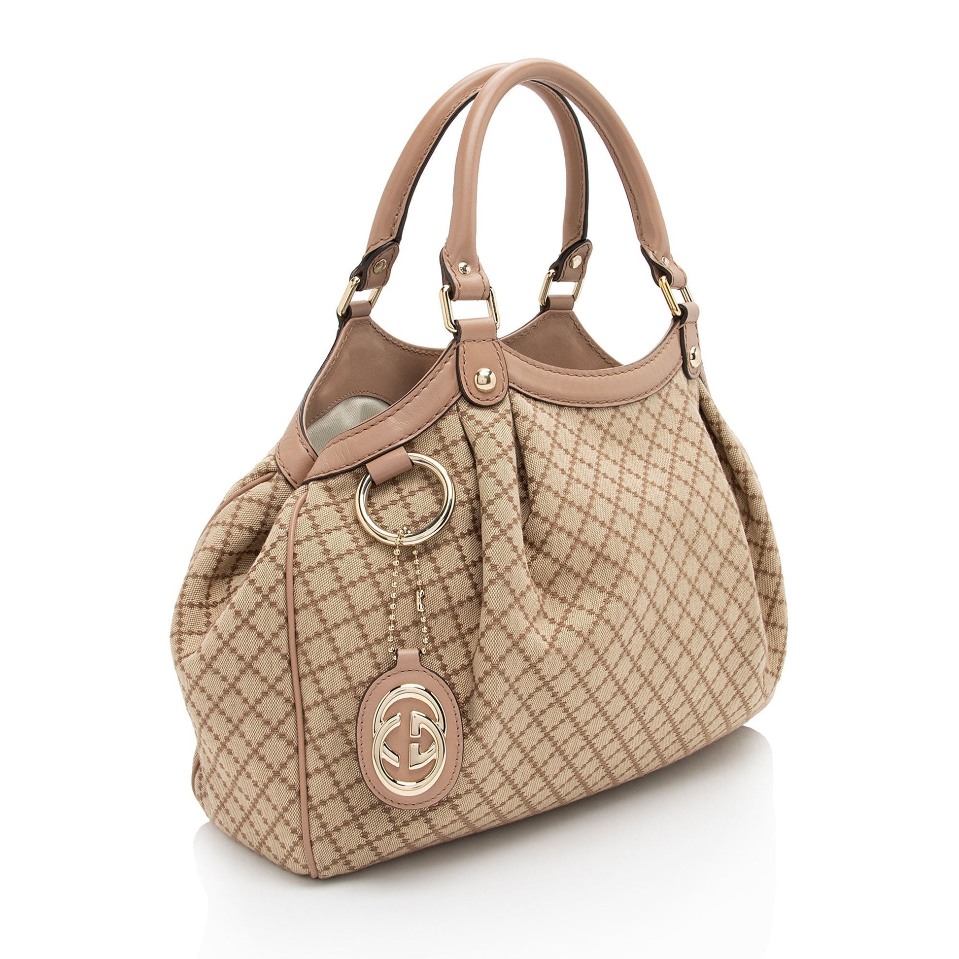 Gucci Diamante Sukey SHF-XTmENi Leather Canvas Beige Pink Tote Bag
